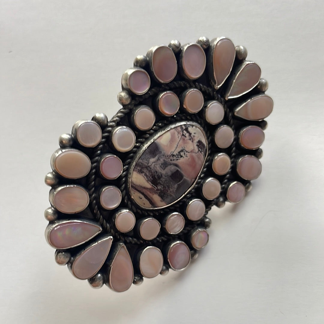 Handcrafted Sterling Silver, Rhodonite, Pink Conch Cluster Statement Ring Size 8 Signed