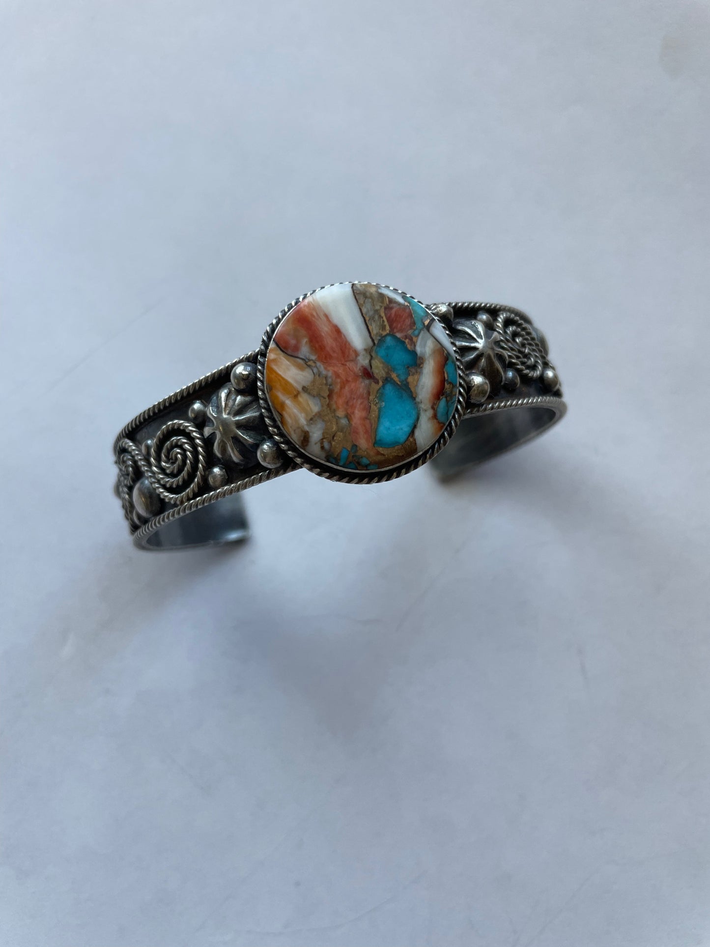 Handcrafted Multi Stone Spice & Sterling Silver Cuff Bracelet Signed Jacquline Silver