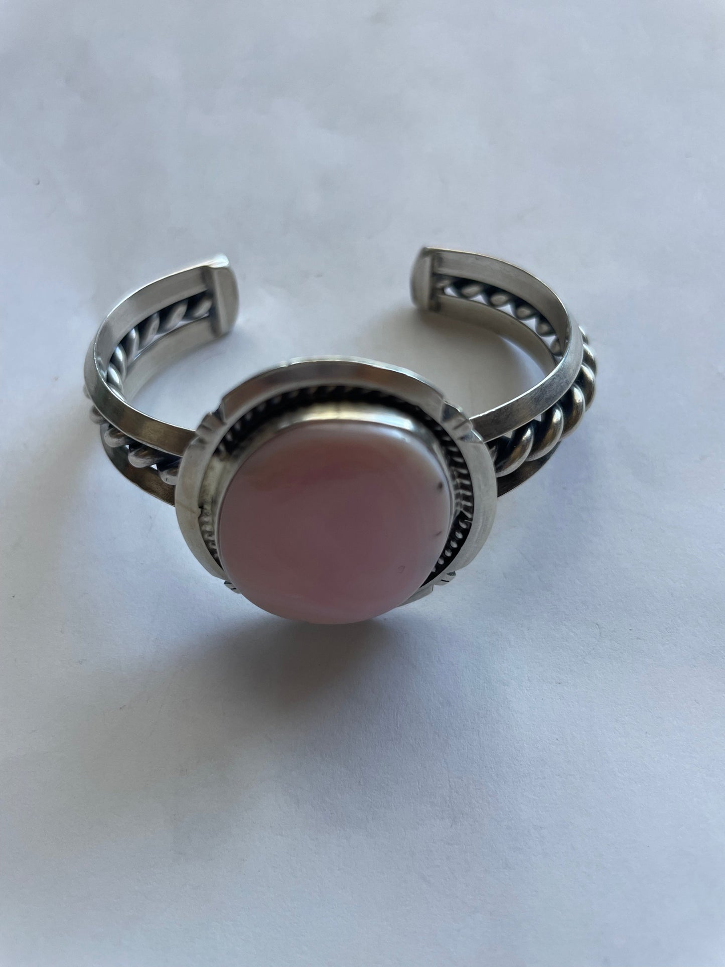 Handcrafted Pink Conch Sterling Silver Cuff Bracelet Signed /