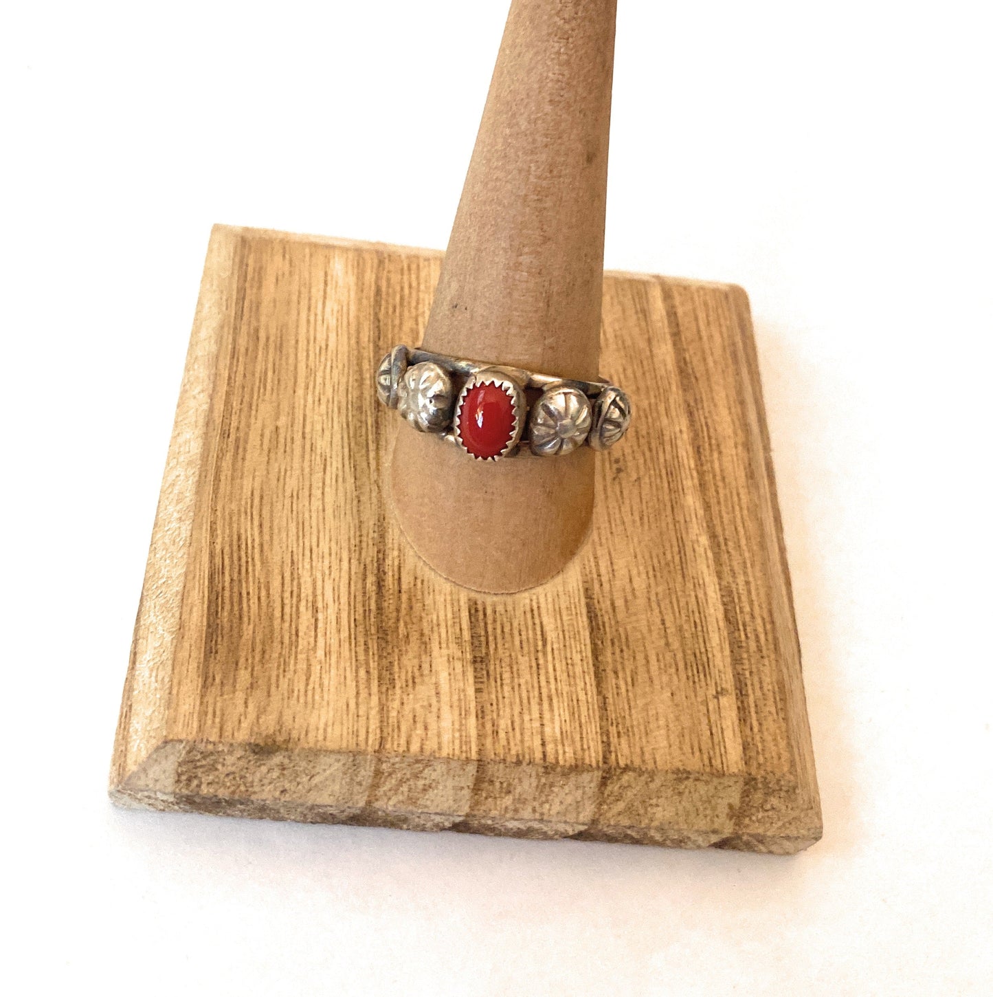 Handcrafted Coral and Sterling Silver Concho Band Ring