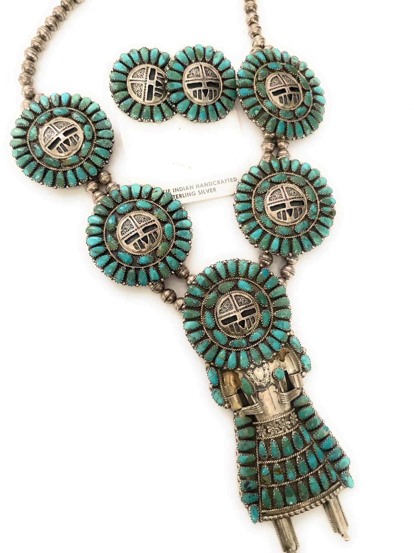 Vintage Handcrafted Sterling Silver And Turquoise Kachina Squash Blossom Necklace Earrings Set Signed