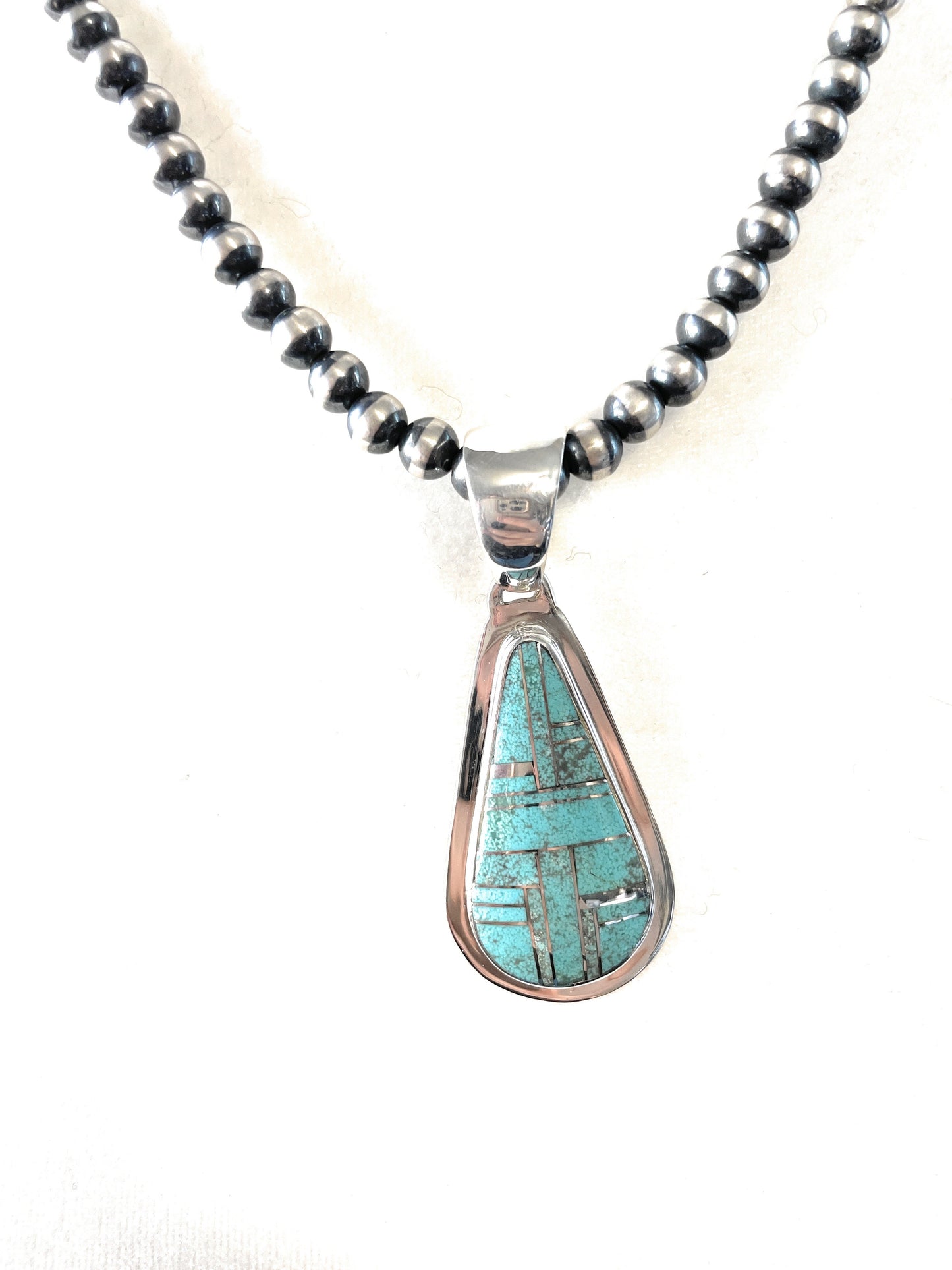 Handcrafted Number 8 Turquoise Inlay & Sterling Silver Pendant Signed