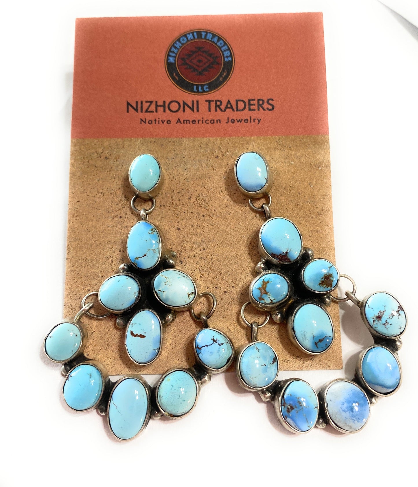 Navajo Golden Hills Turquoise & Sterling Silver Cluster Dangle Earrings