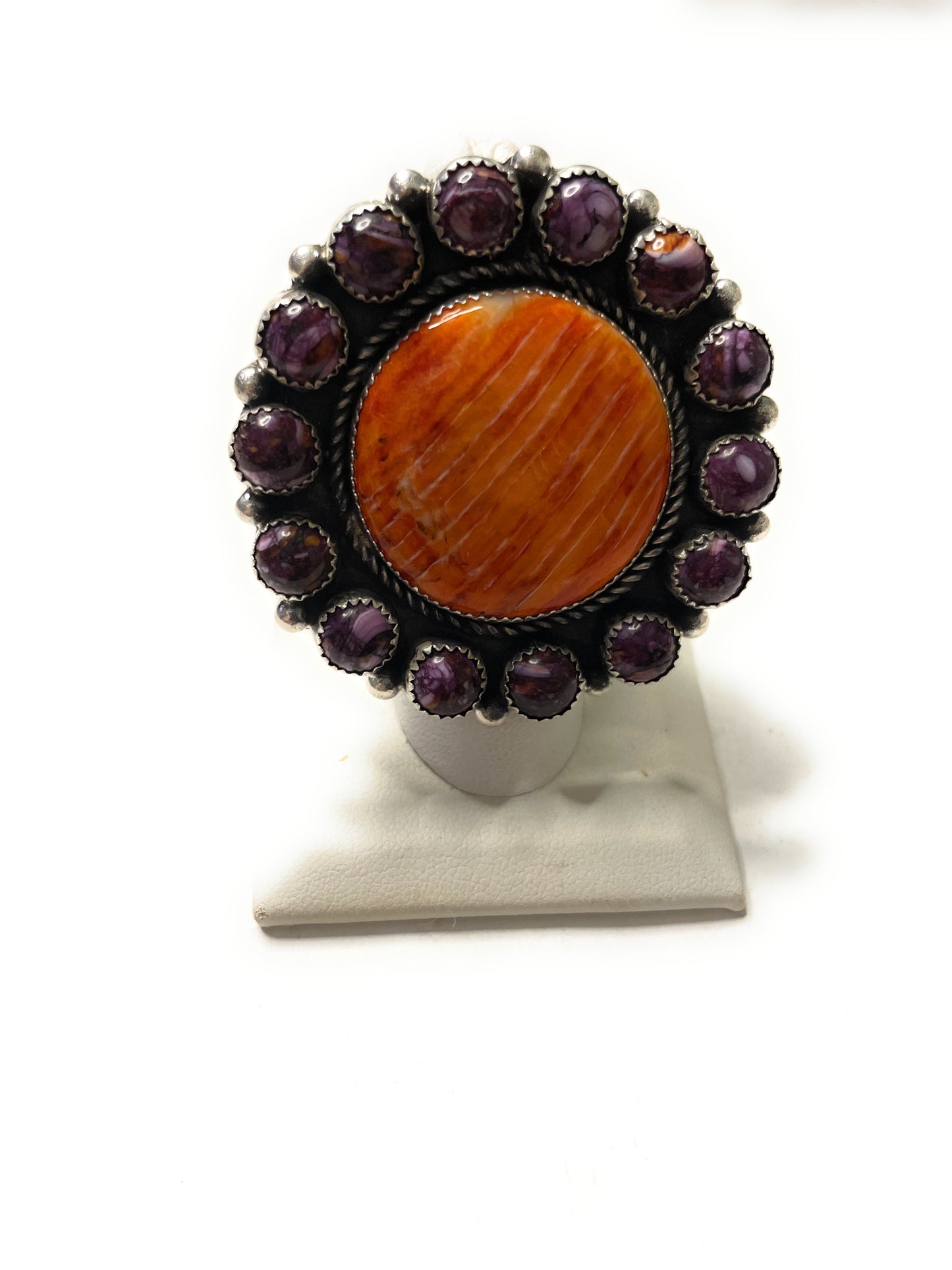 Handcrafted Sterling Silver And Orange And Purple Spiny Adjustable Ring