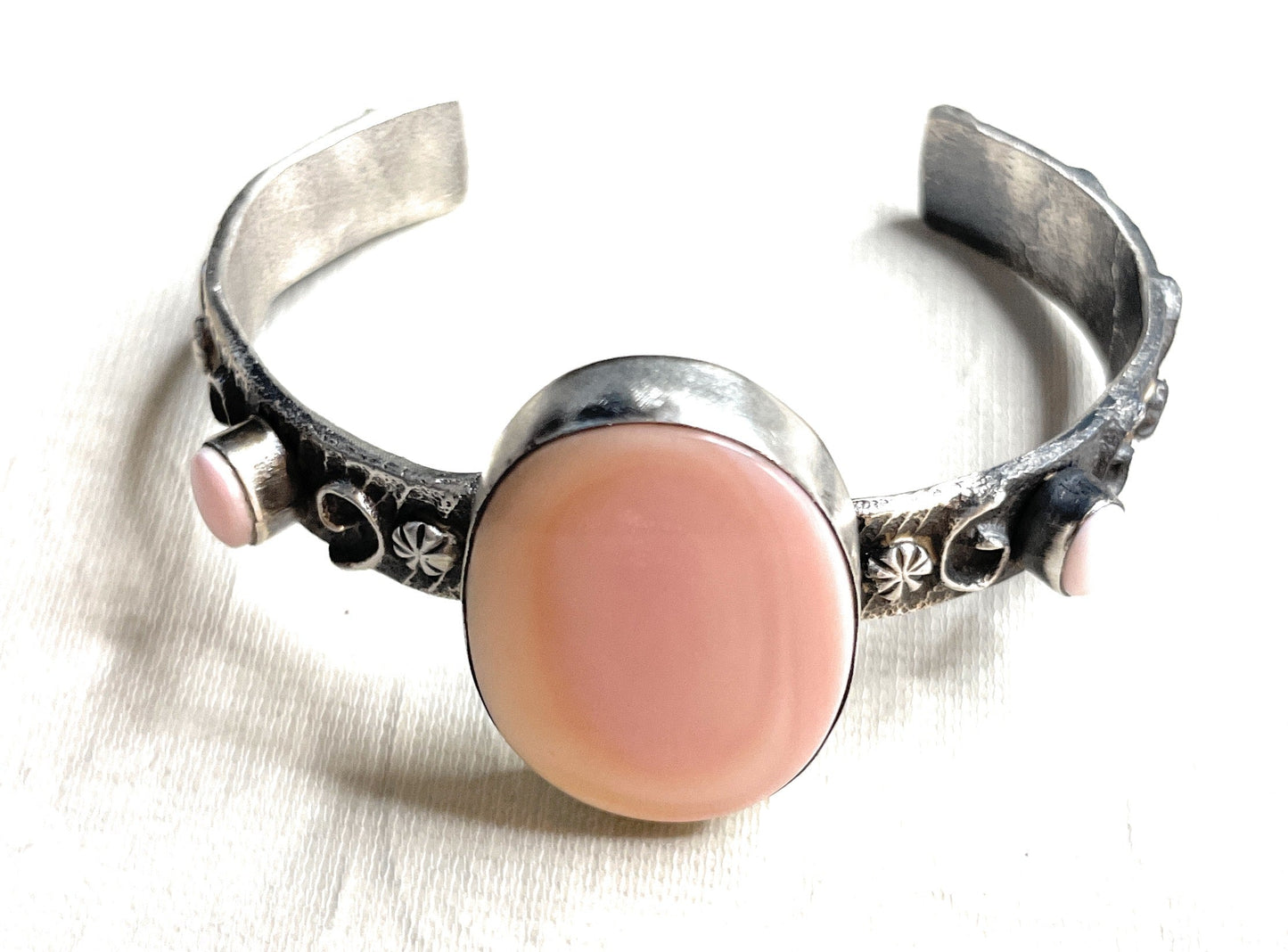 Handcrafted Pink Conch & Sterling Silver Tufa Cast Cuff Bracelet Signed