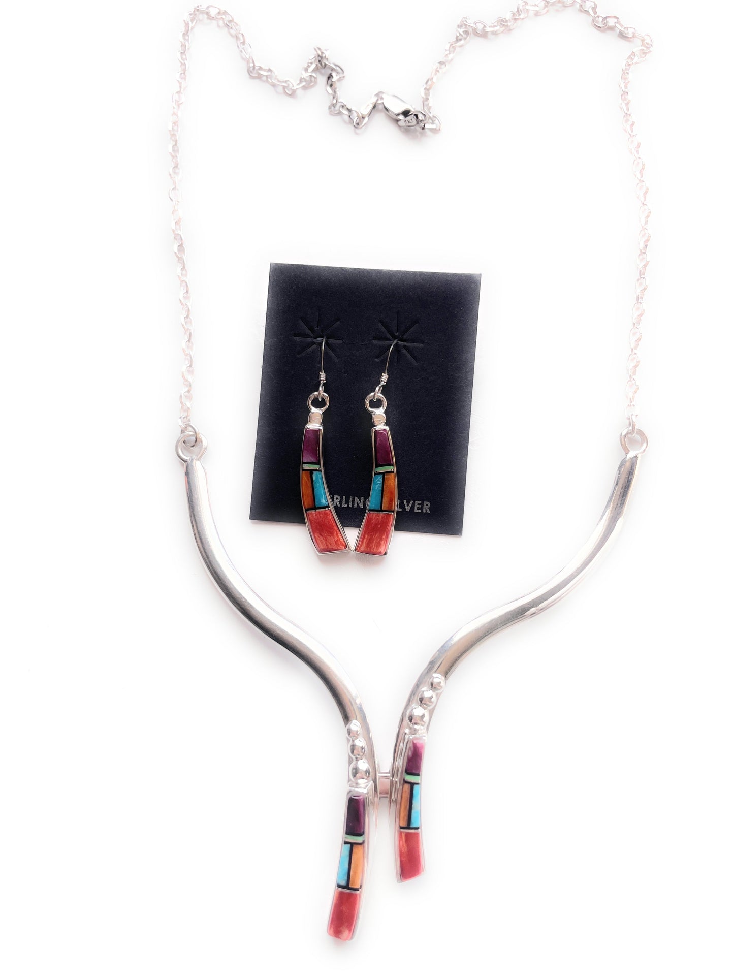 Handcrafted Sterling Silver & Multi Stone Inaly Necklace Earrings Set Signed
