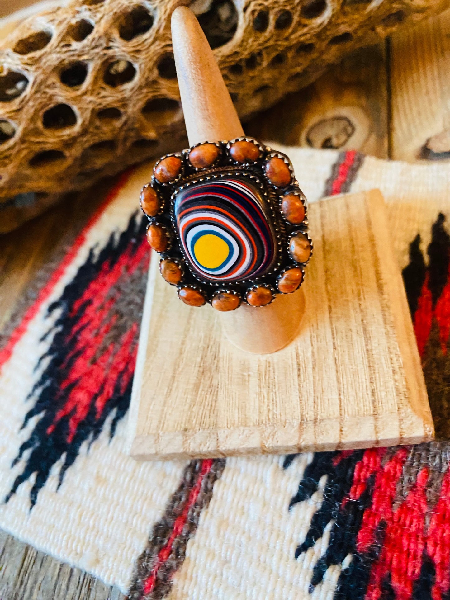 Handmade Sterling Silver, Fordite & Orange Mohave Cluster Adjustable Ring