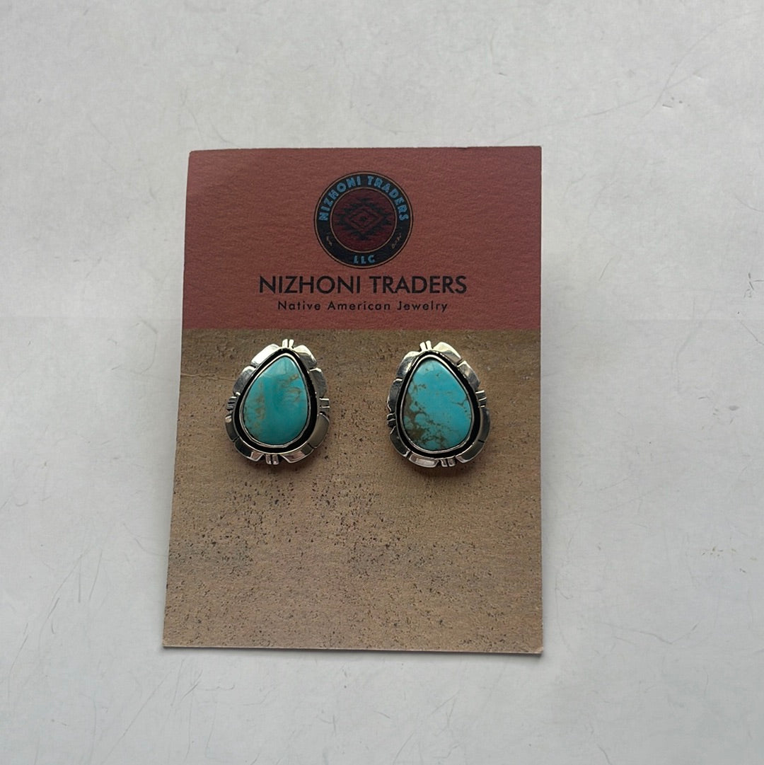 Handcrafted Turquoise And Sterling Silver Post Triangle Earrings Signed