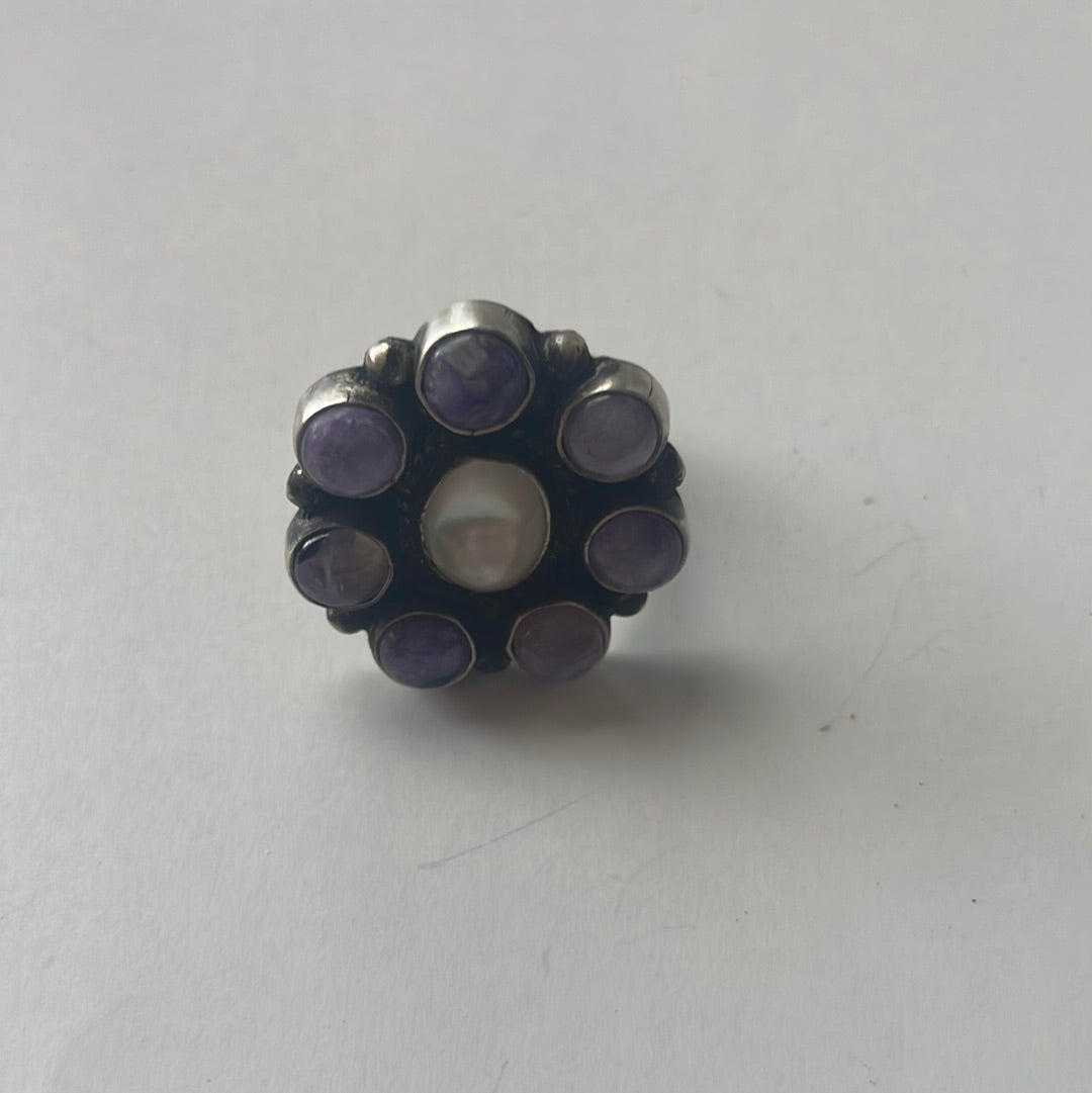 Handcrafted Charoite & White Topaz Sterling Silver Adjustable Ring Signed