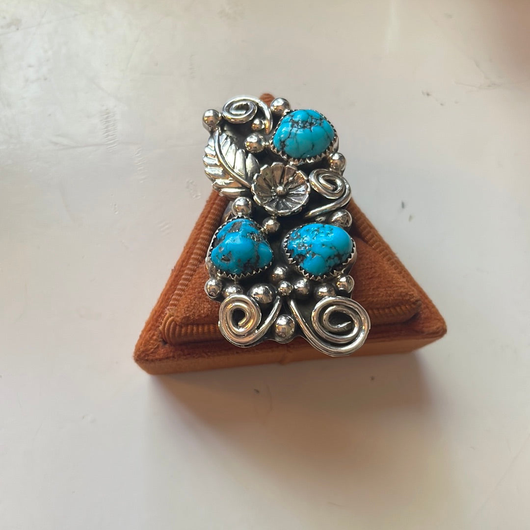 Handcrafted Sterling Silver & Turquoise Flower Ring Size 9