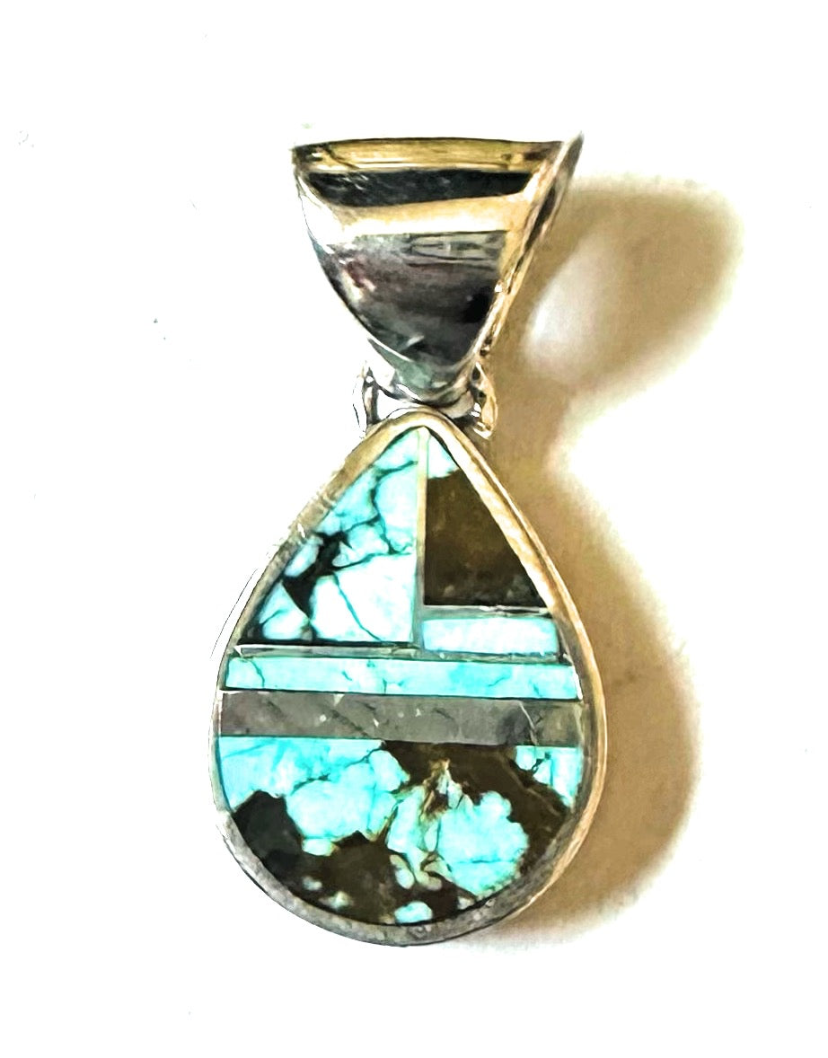 Handcrafted Number 8 Turquoise & Sterling Silver Teardrop Inlay Pendant