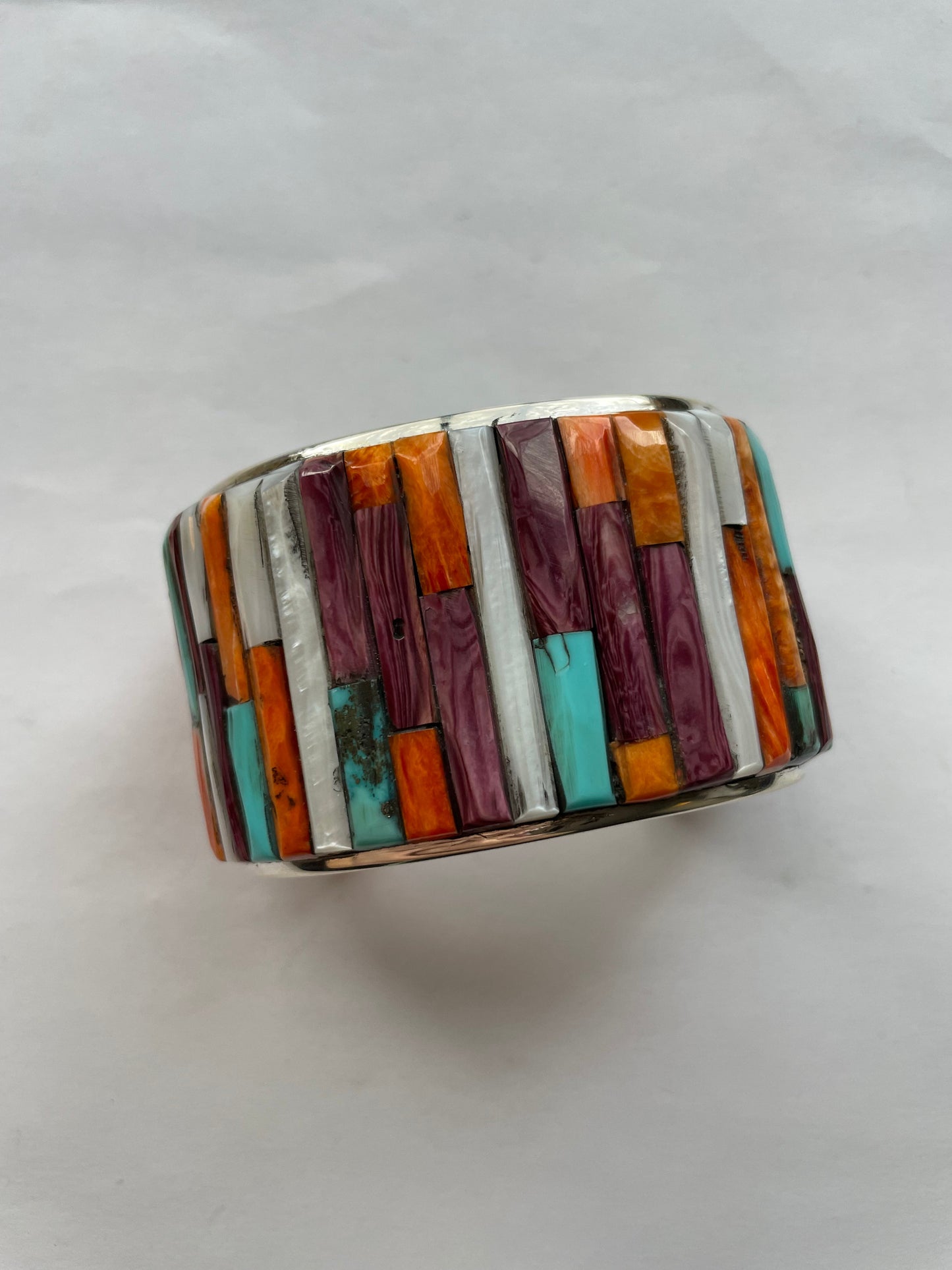 Handcrafted Sterling Silver & Multi Cobblestone Cuff Bracelet Signed