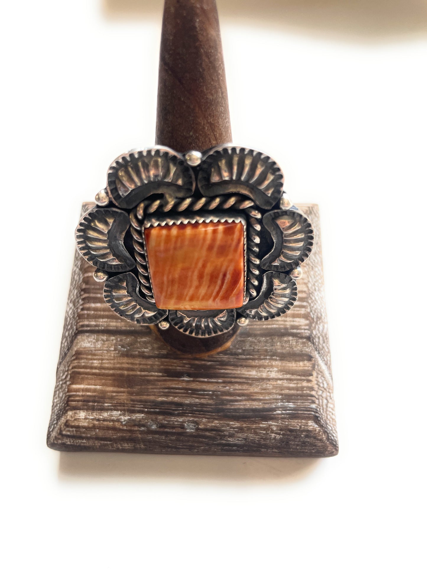 Kevin Billah Handcrafted Sterling & Orange Spiny Flower Ring Adjustable