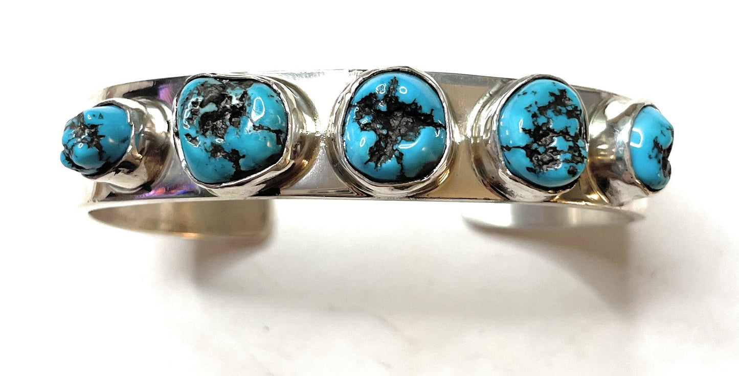 Handcrafted Sterling Silver 5 Stone Turquoise Cuff Chimney Butte Signed /
