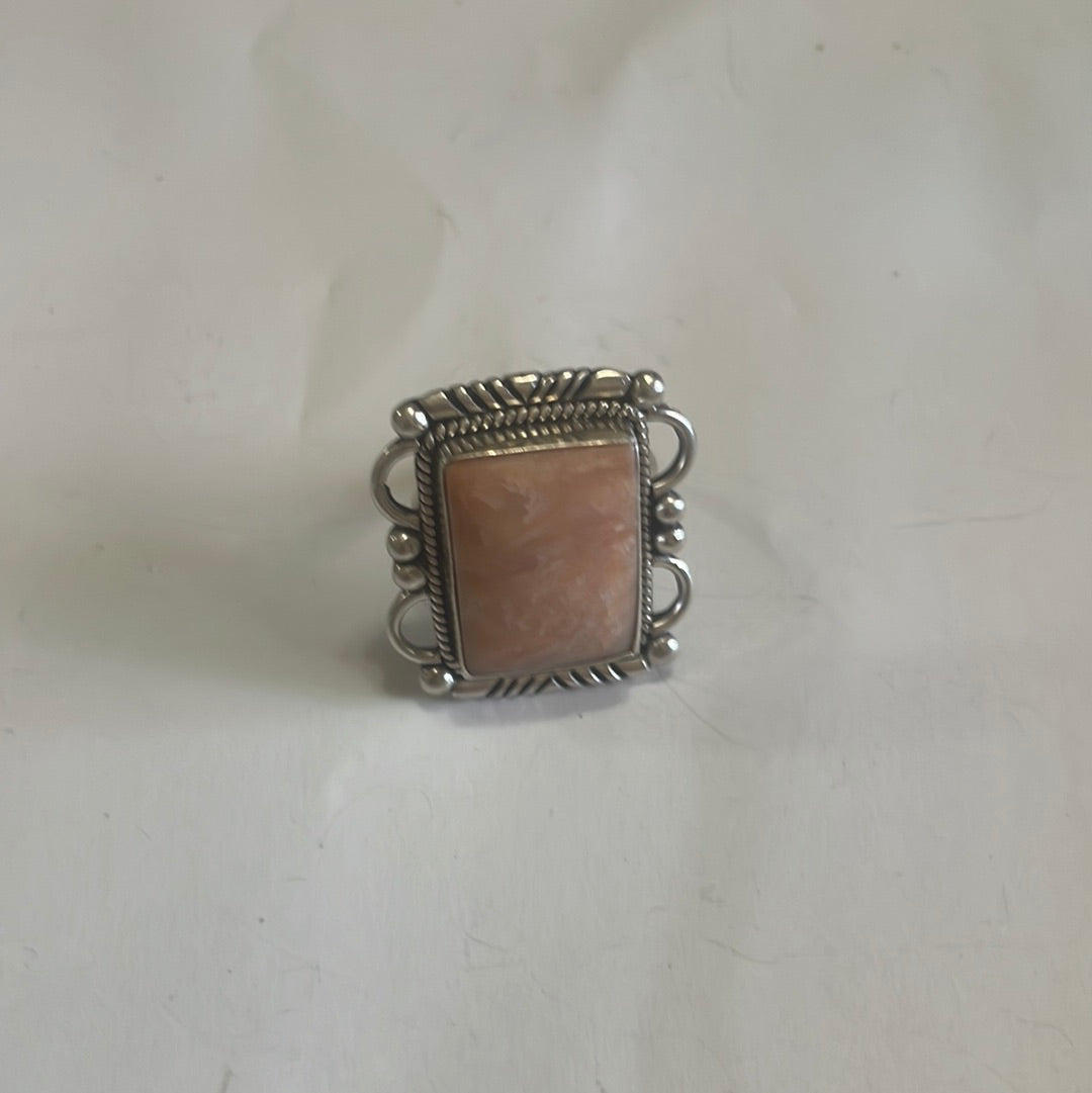 Gorgeous Handcrafted Pink Peruvian Opal And Sterling Silver Adjustable Ring