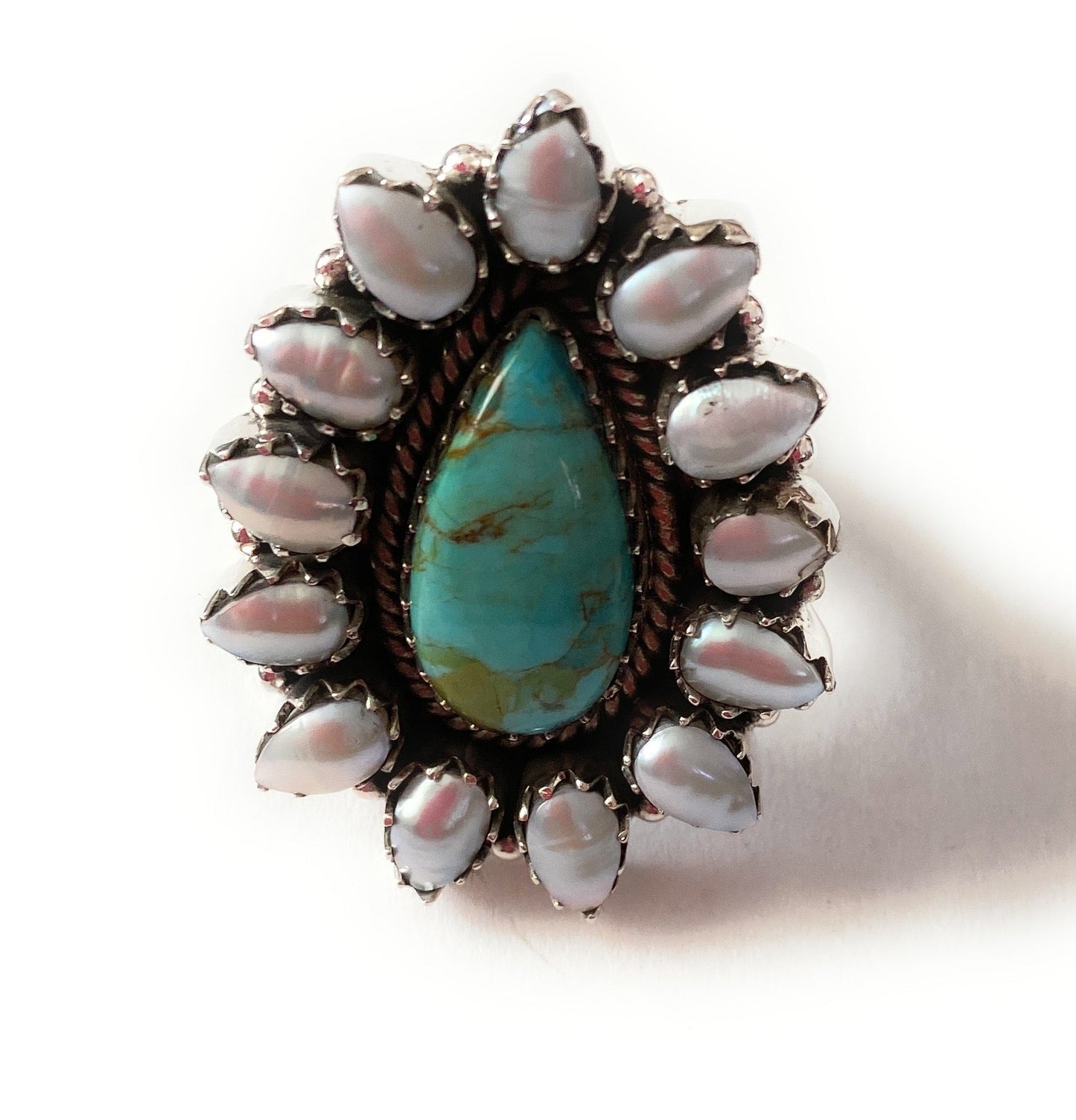 Handmade Sterling Silver, Turquoise & Pearl Cluster Adjustable Ring