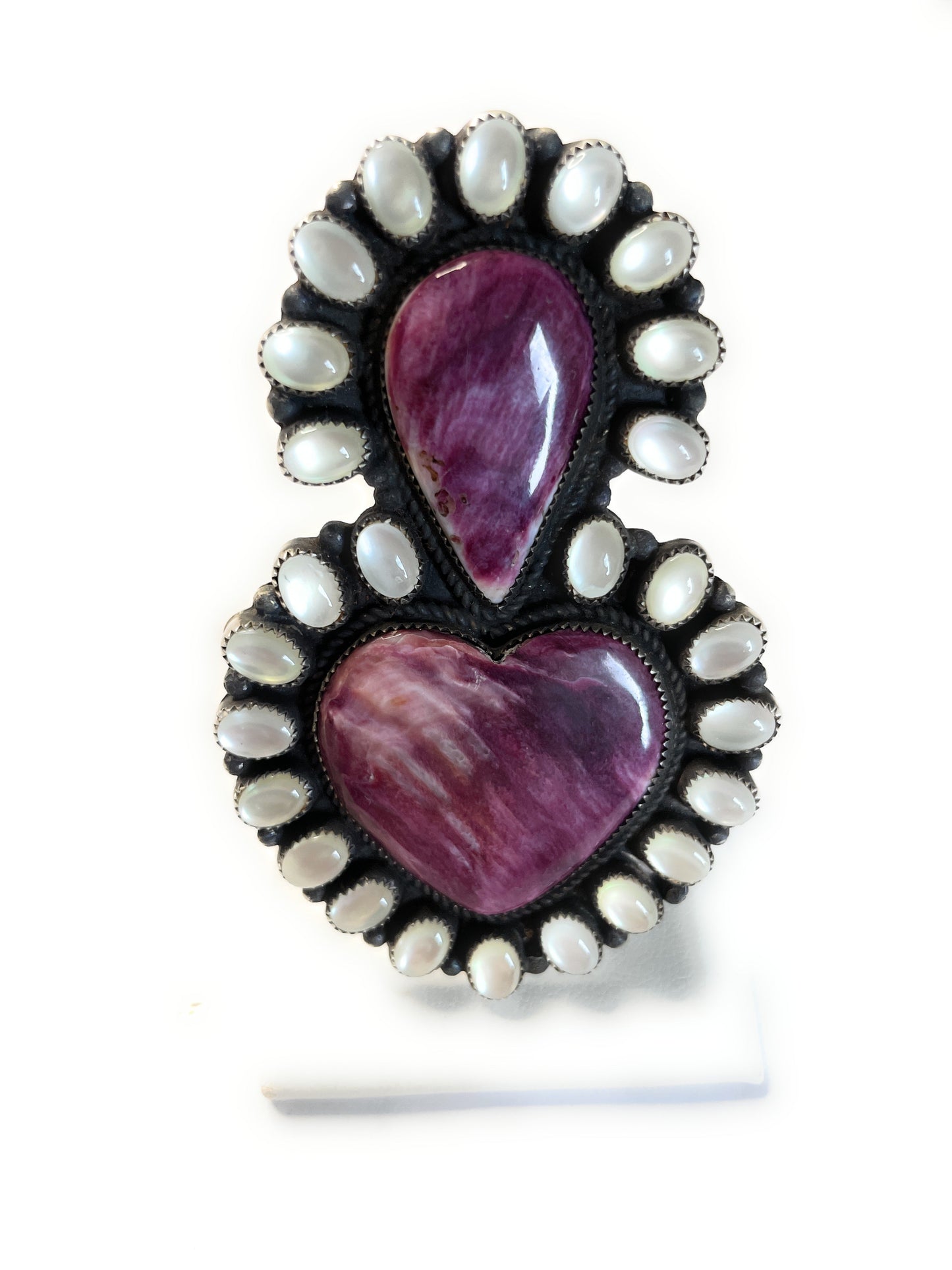 Handcrafted Mother Of Pearl And Purple Spiny Sterling Silver Adjustable Ring