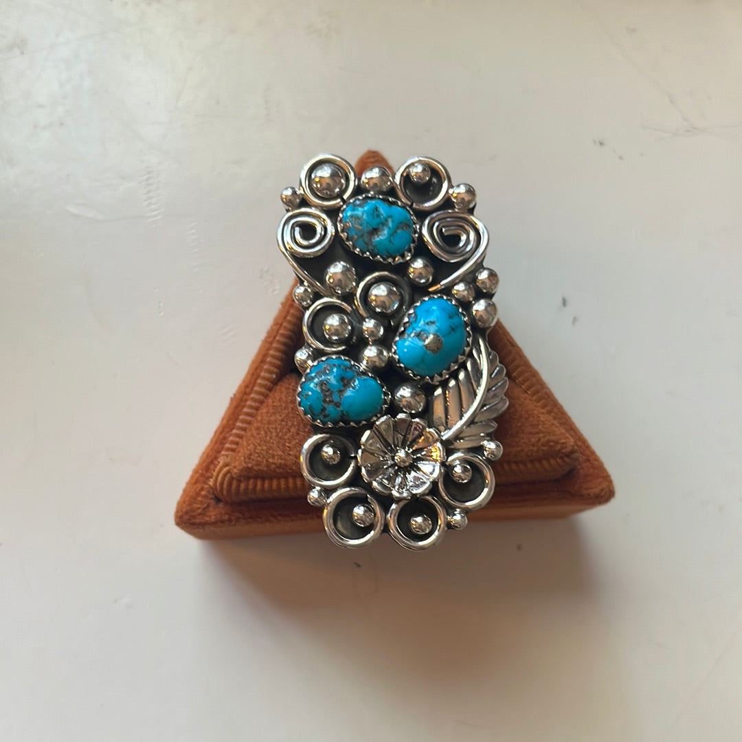Handcrafted Sterling Silver & Turquoise Flower Ring Size 11