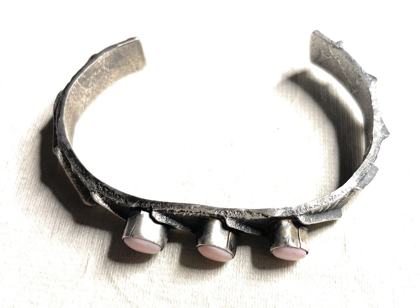 Handcrafted Pink Conch & Sterling Silver Tufa Cast Cuff Bracelet Signed