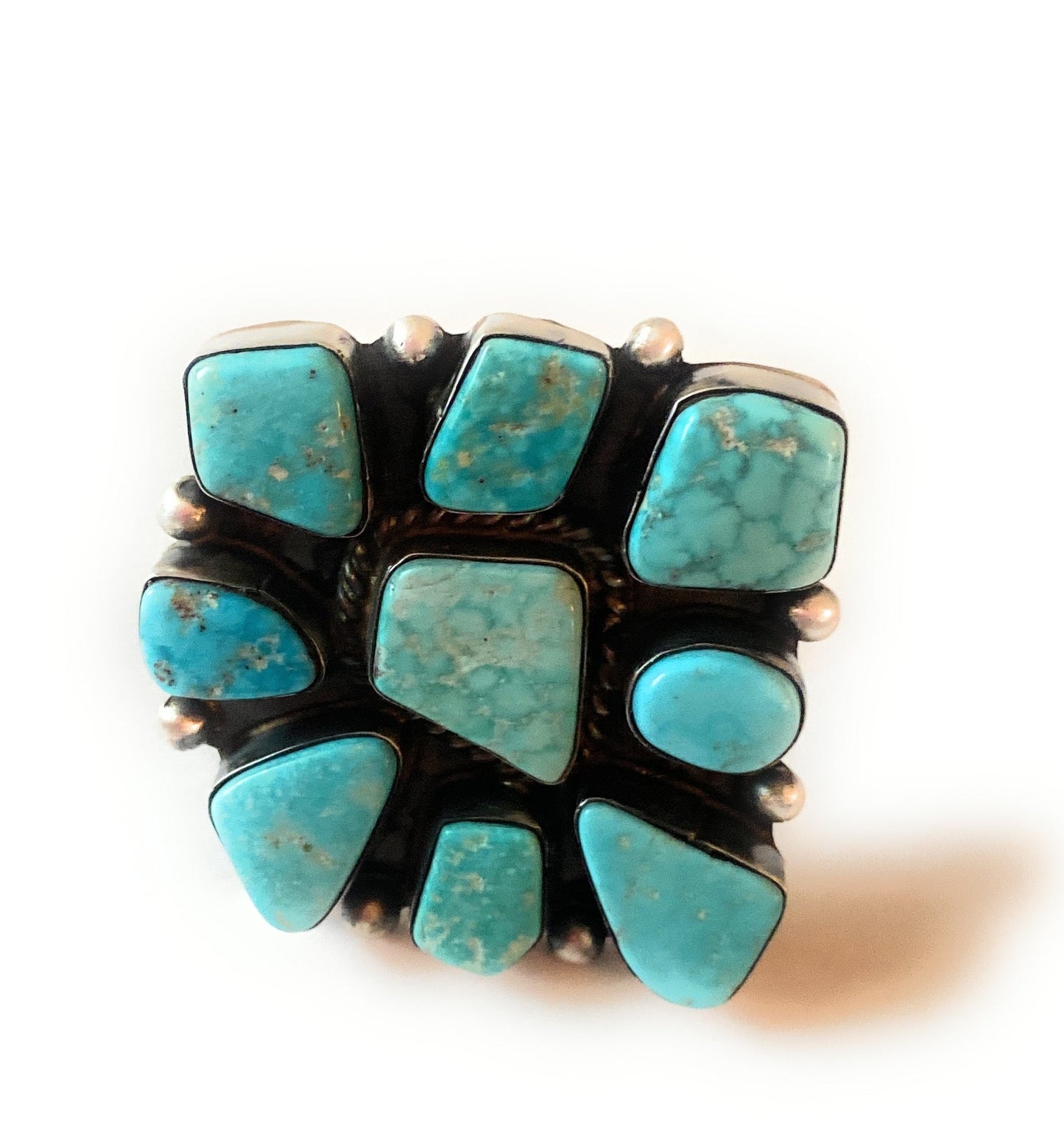 Handcrafted Kingman Turquoise & Sterling Silver Cluster Ring Size 9