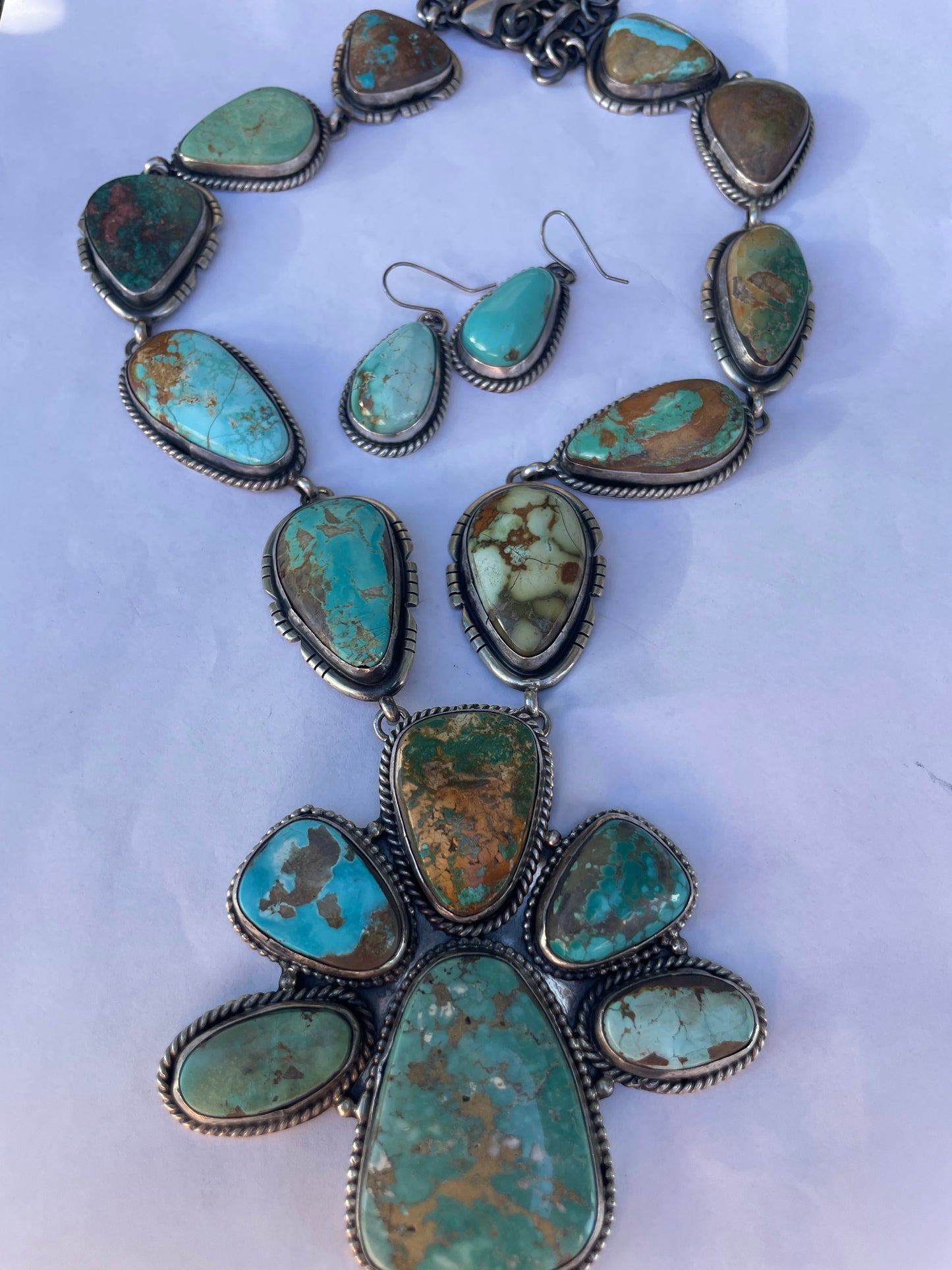 Handcrafted Sterling Silver & Royston Turquoise Necklace & Earring Set Signed RB