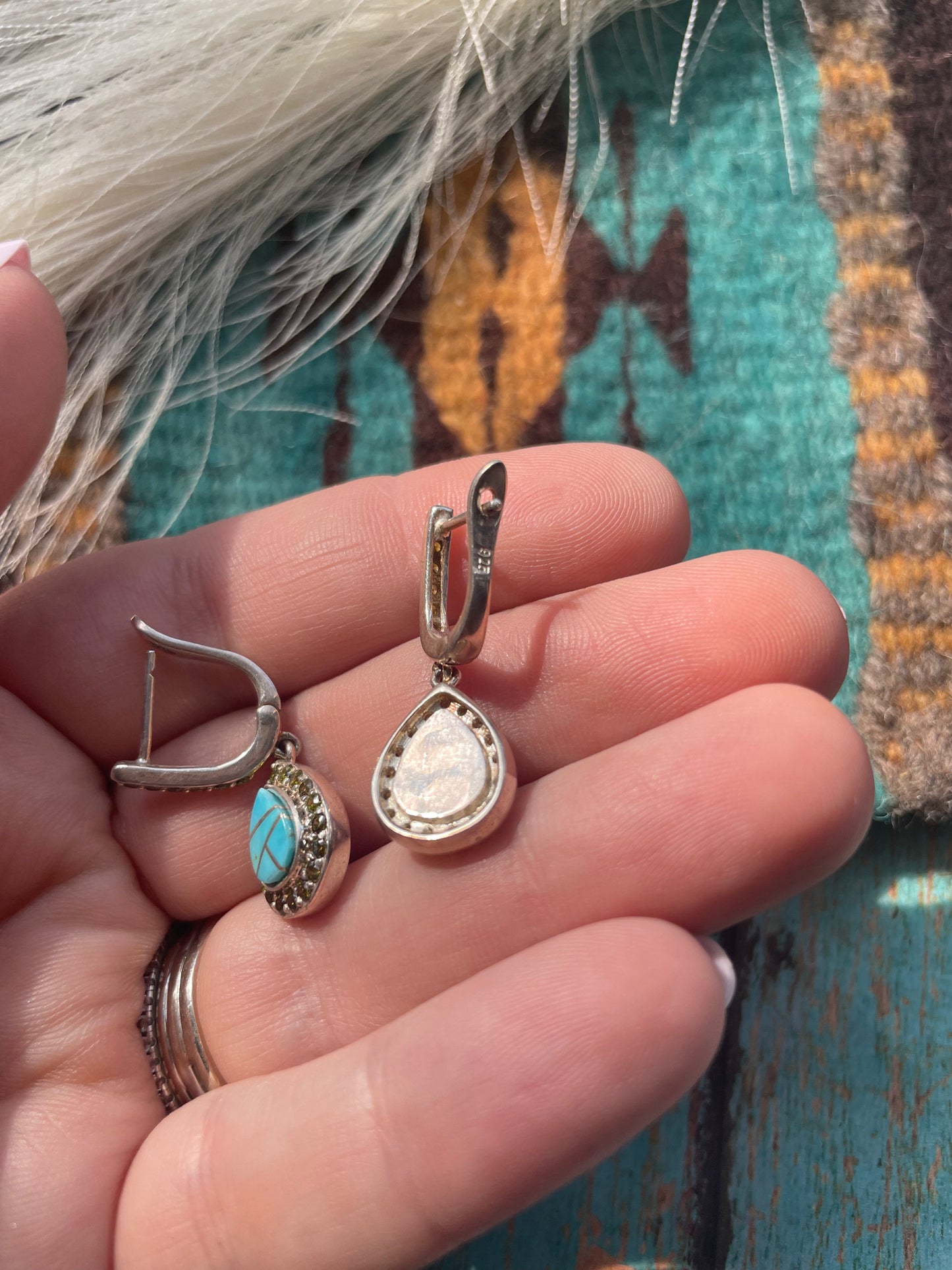 Handcrafted Turquoise Inlay, Peridot & Sterling Silver Dangle Earrings