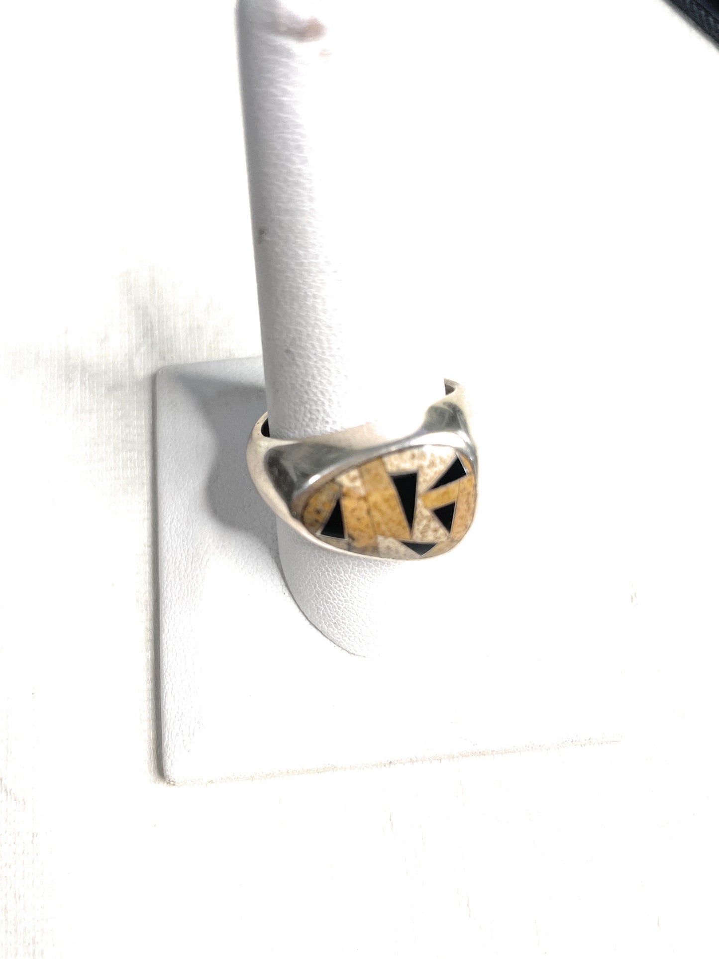 Old Pawn Handcrafted Sterling Silver, Tiger Eye & Onyx Ring Size 10
