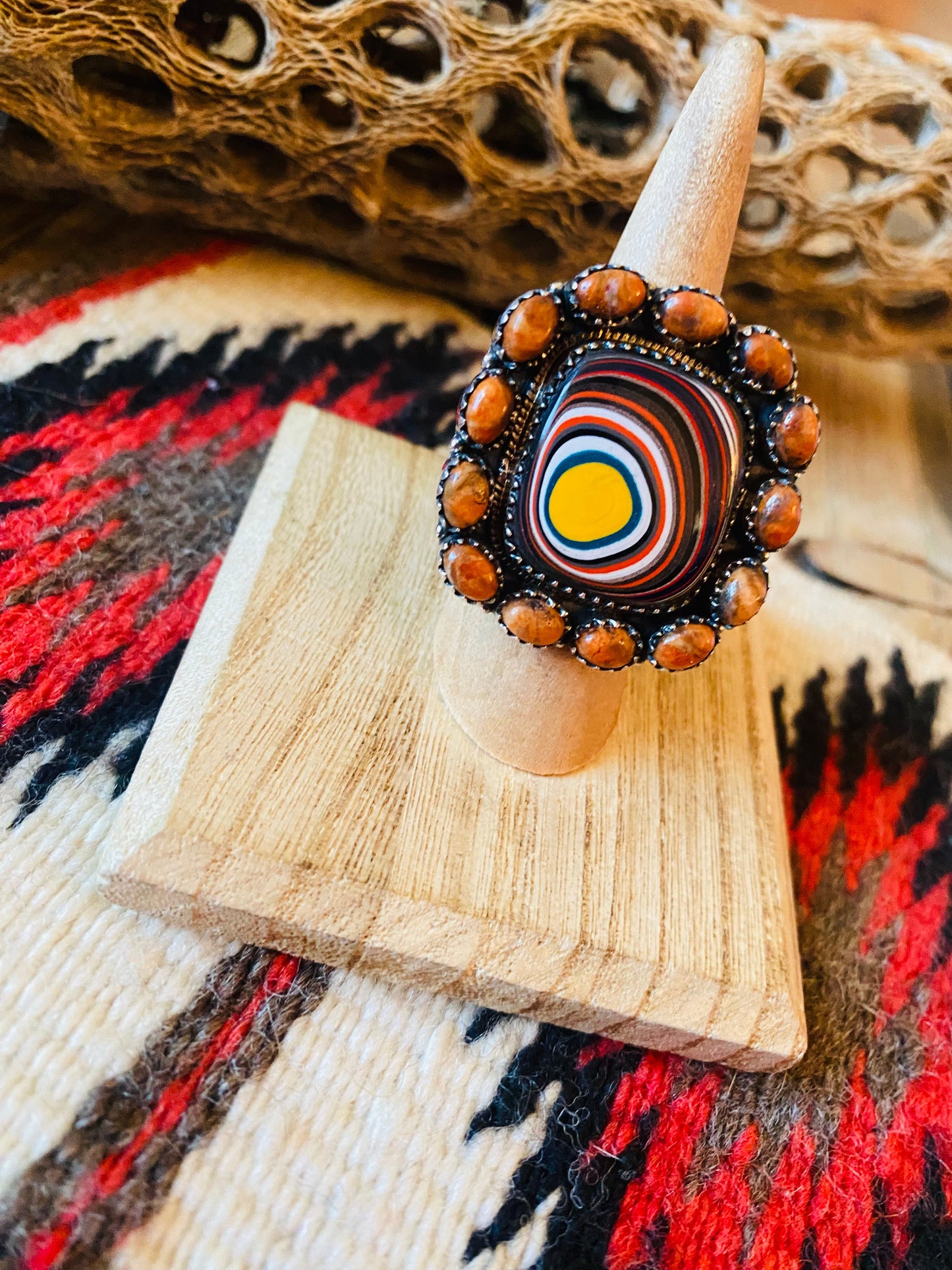 Handmade Sterling Silver, Fordite & Orange Mohave Cluster Adjustable Ring