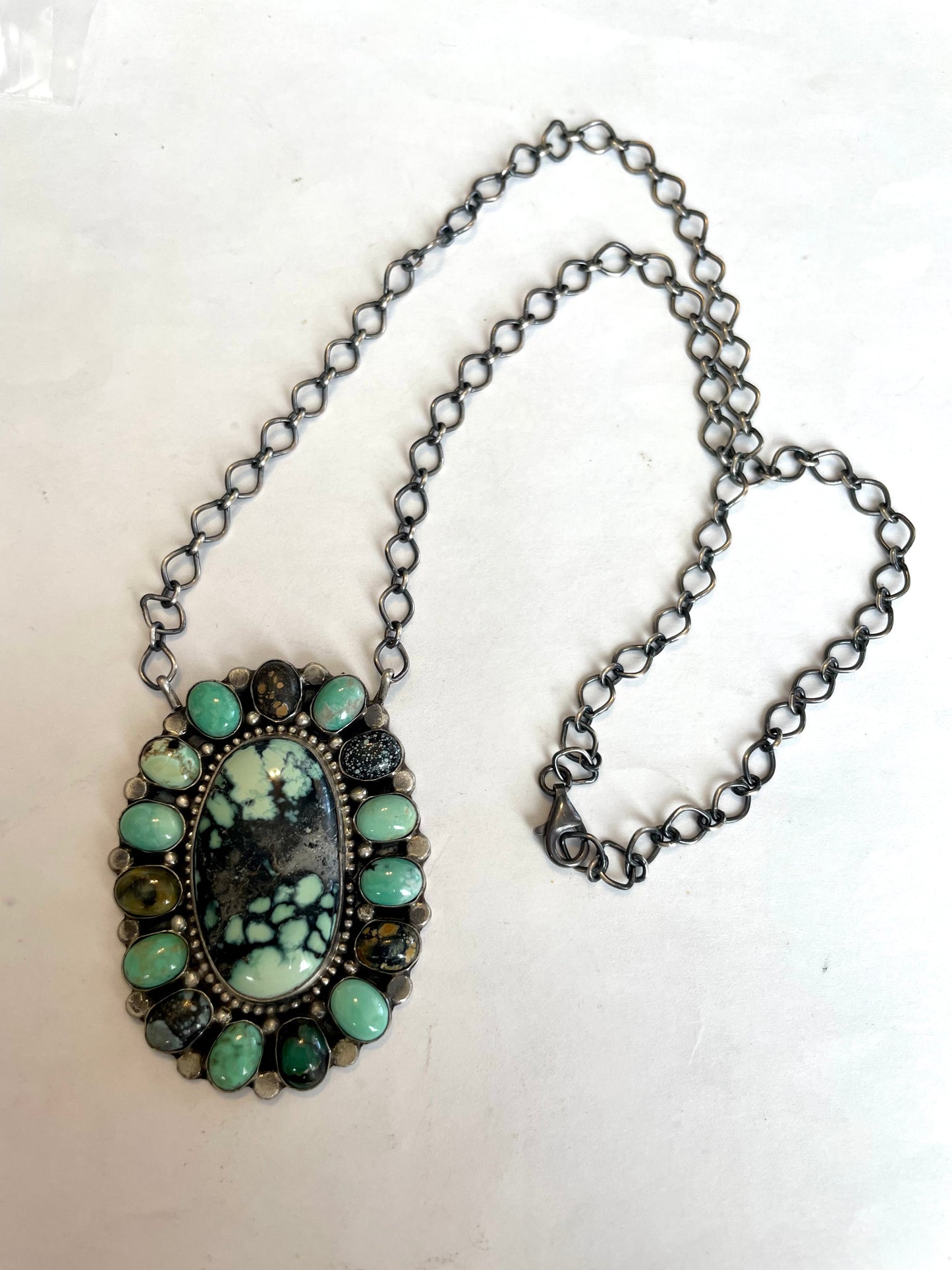 Handcrafted Royston & Carico Turquoise Sterling Silver Cluster Necklace by Sheila Becenti