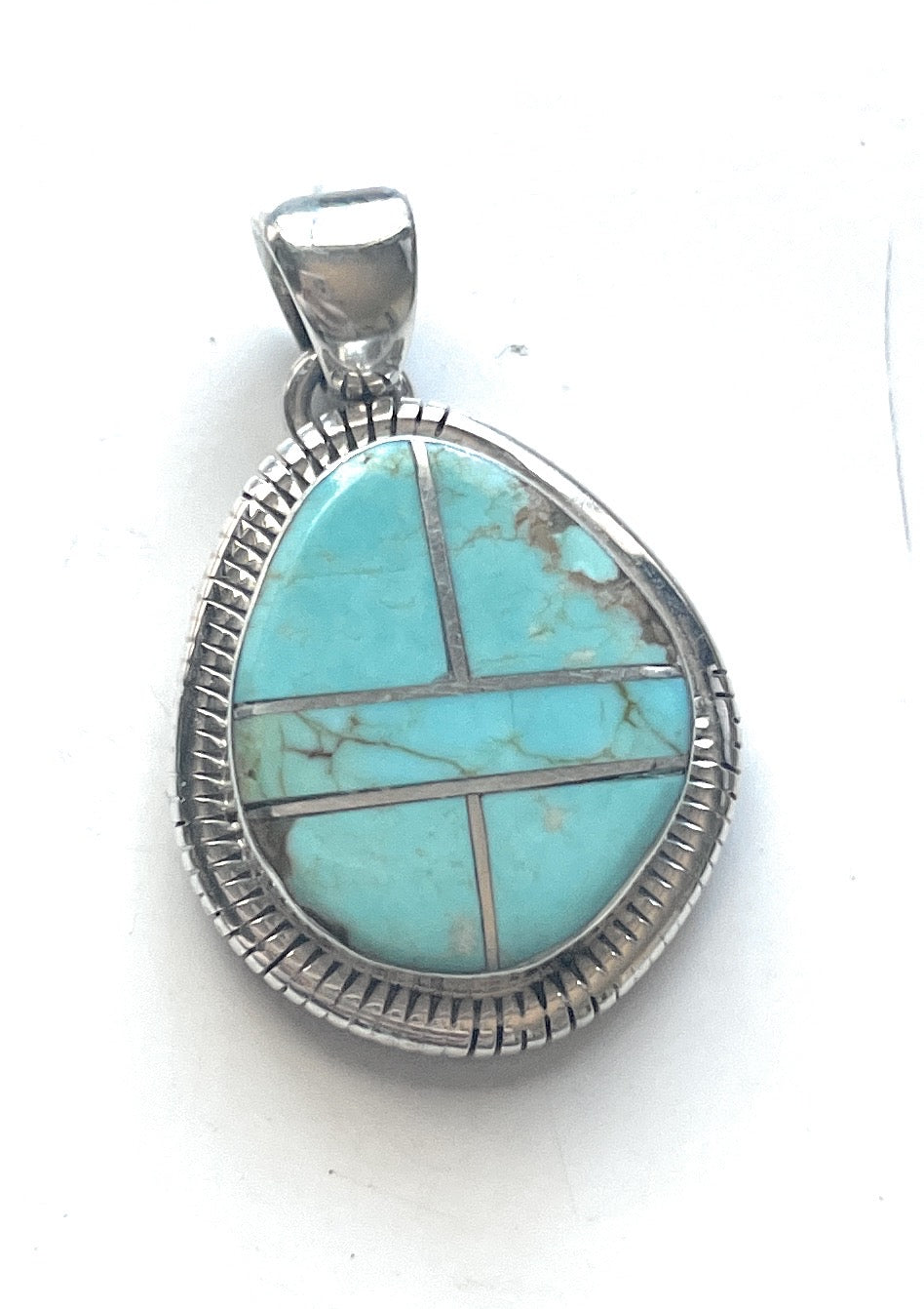 Handcrafted Number 8 Turquoise Inlay & Sterling Silver Pendant Signed