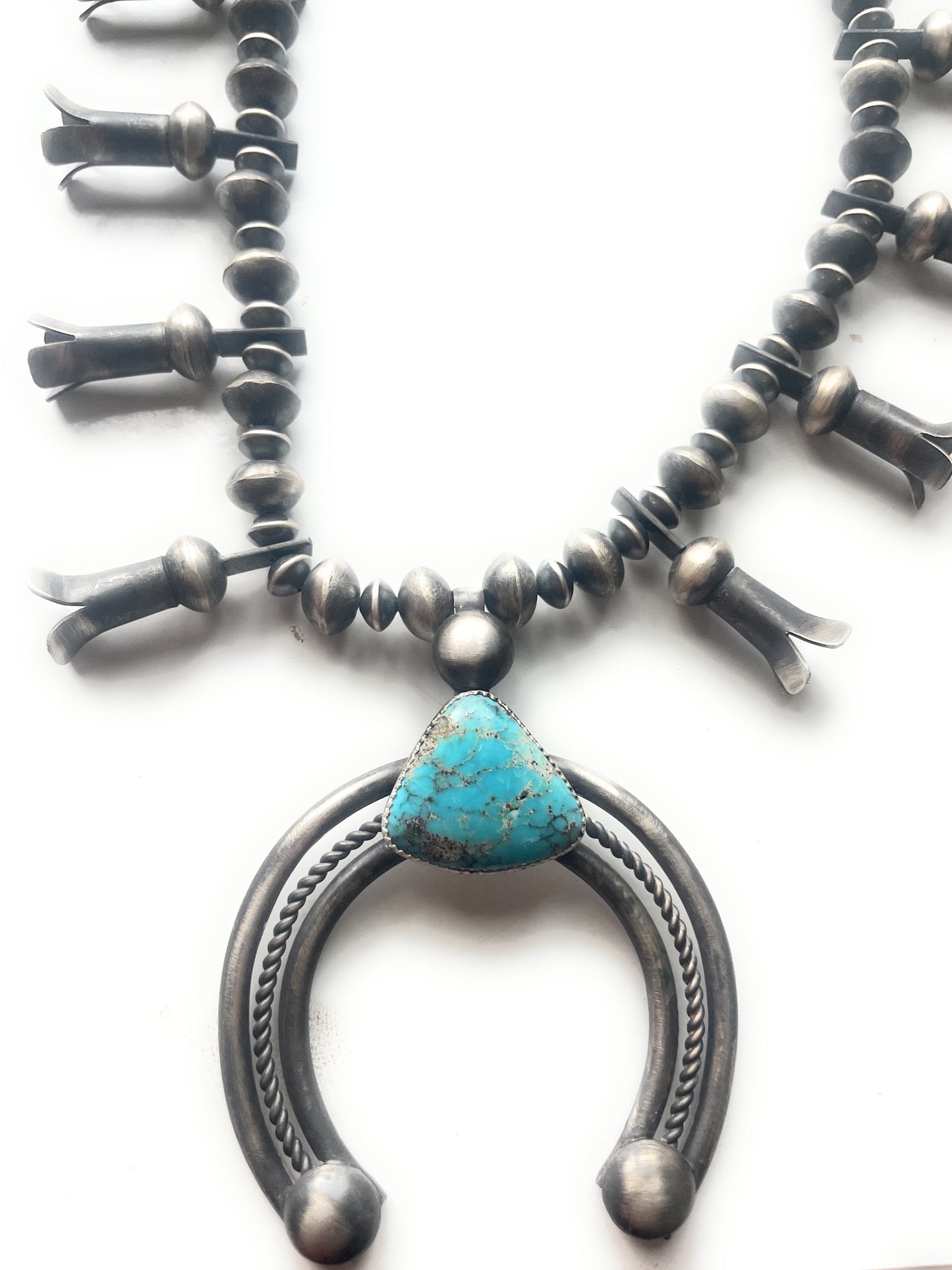 Vintage Handcrafted Kingman Turquoise & Sterling Silver Beaded Squash Blossom Necklace Signed