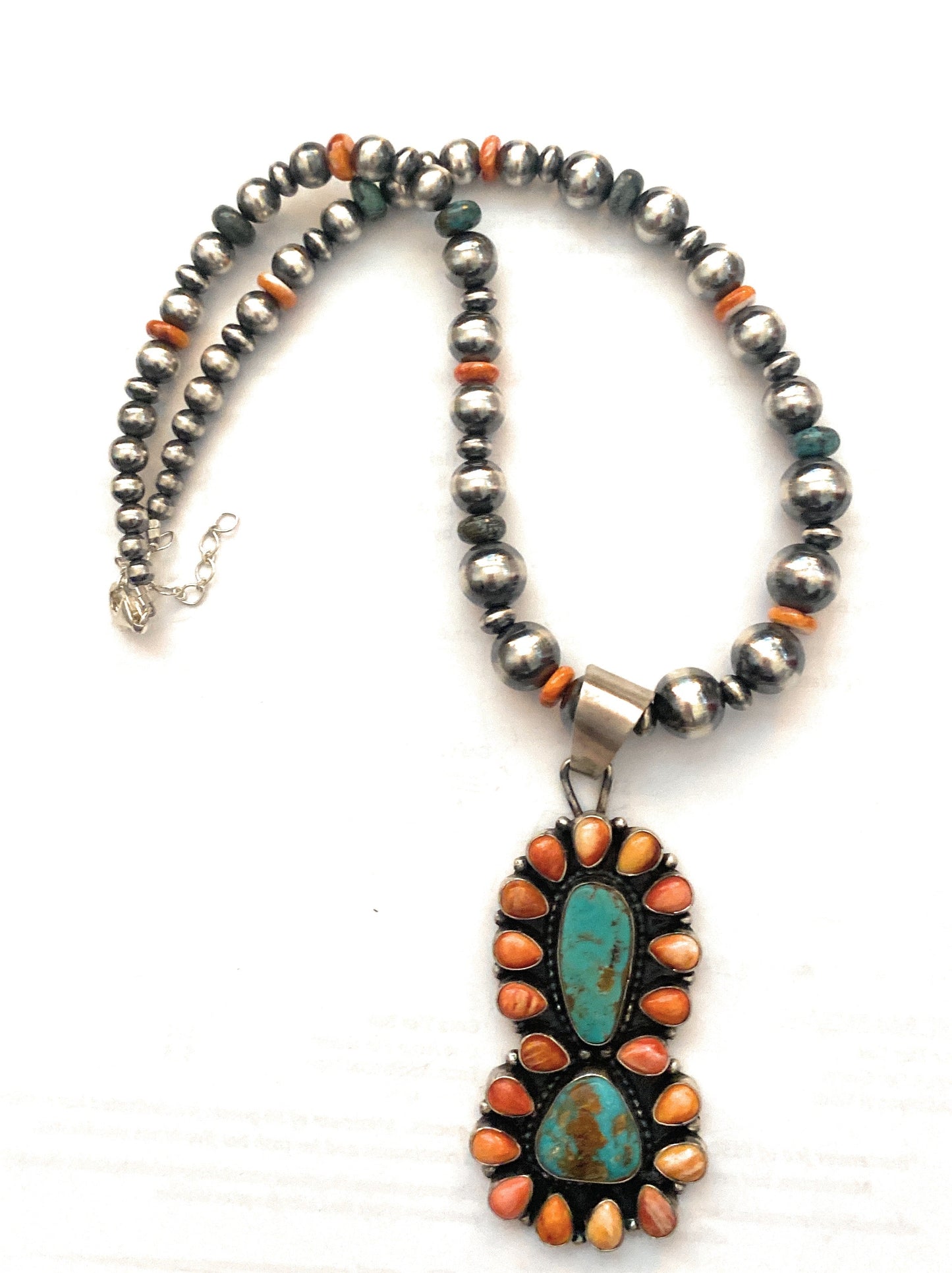 Handcrafted Sterling Silver, Turquoise & Spiny Oyster Beaded Necklace by Sheila Becenti