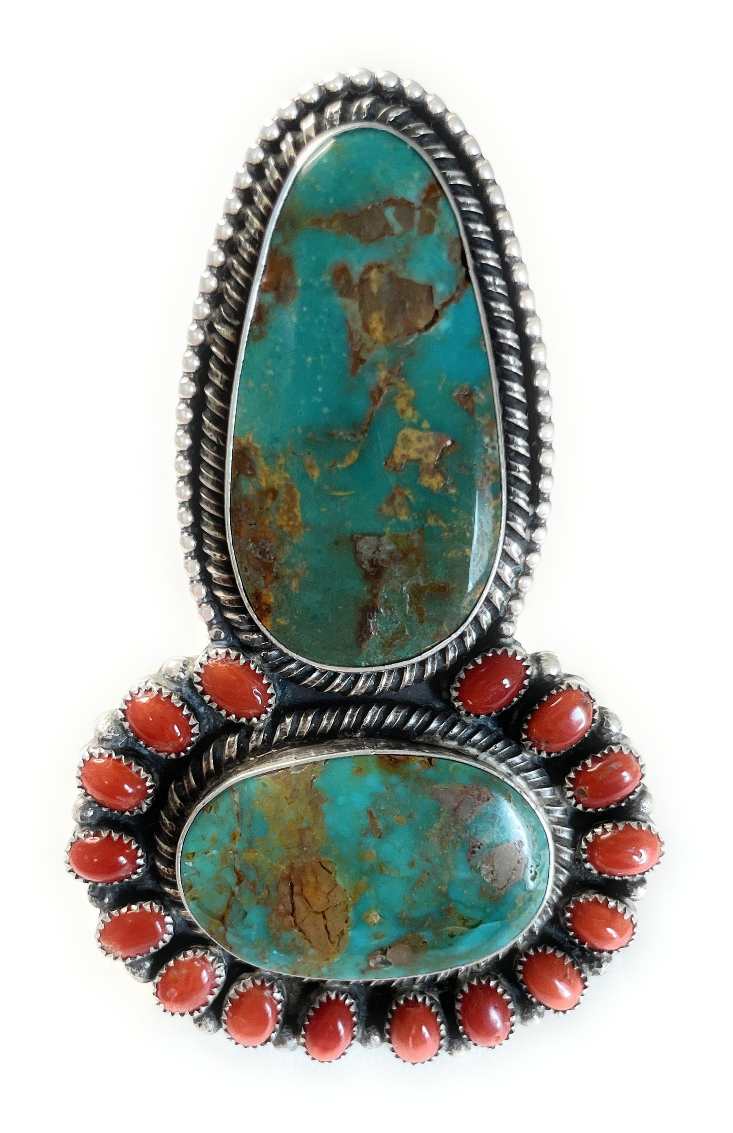 Handcrafted Sterling Silver Royston Turquoise And Coral Ring Size 10 Signed