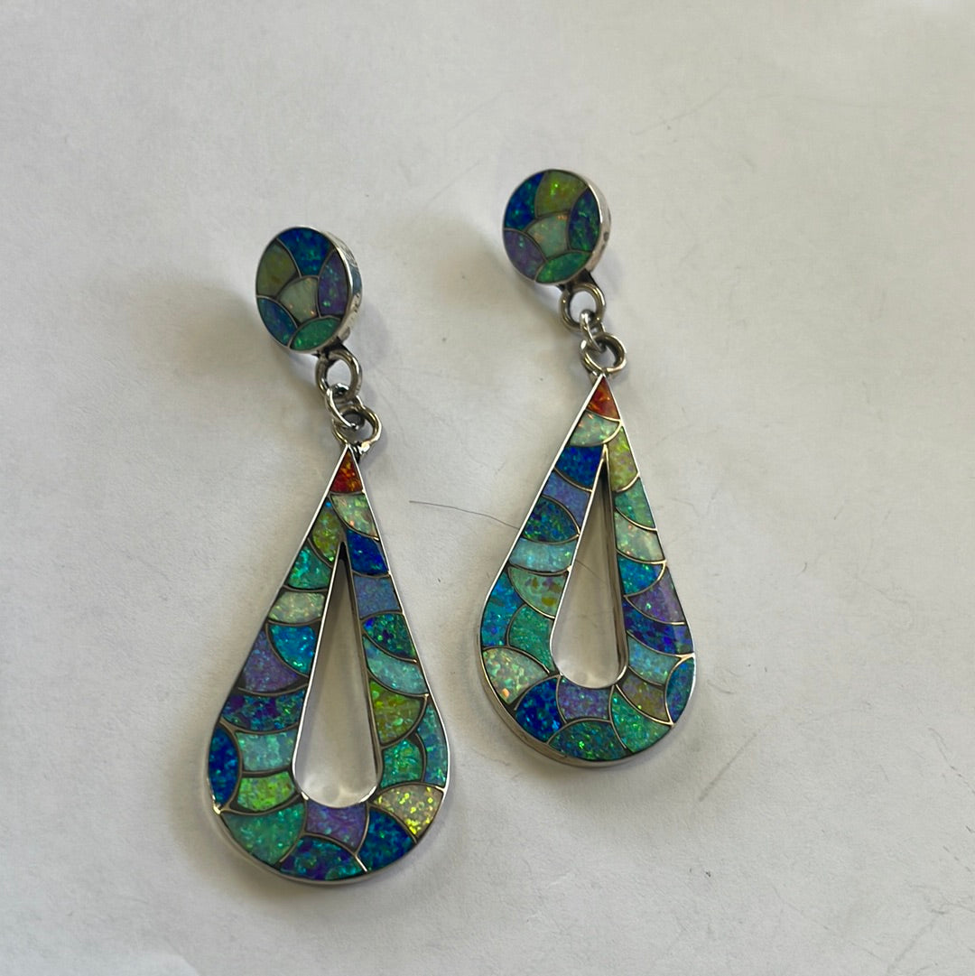 Handcrafted Multicolor Opal & Sterling Silver Inlay Dangle Earrings Signed