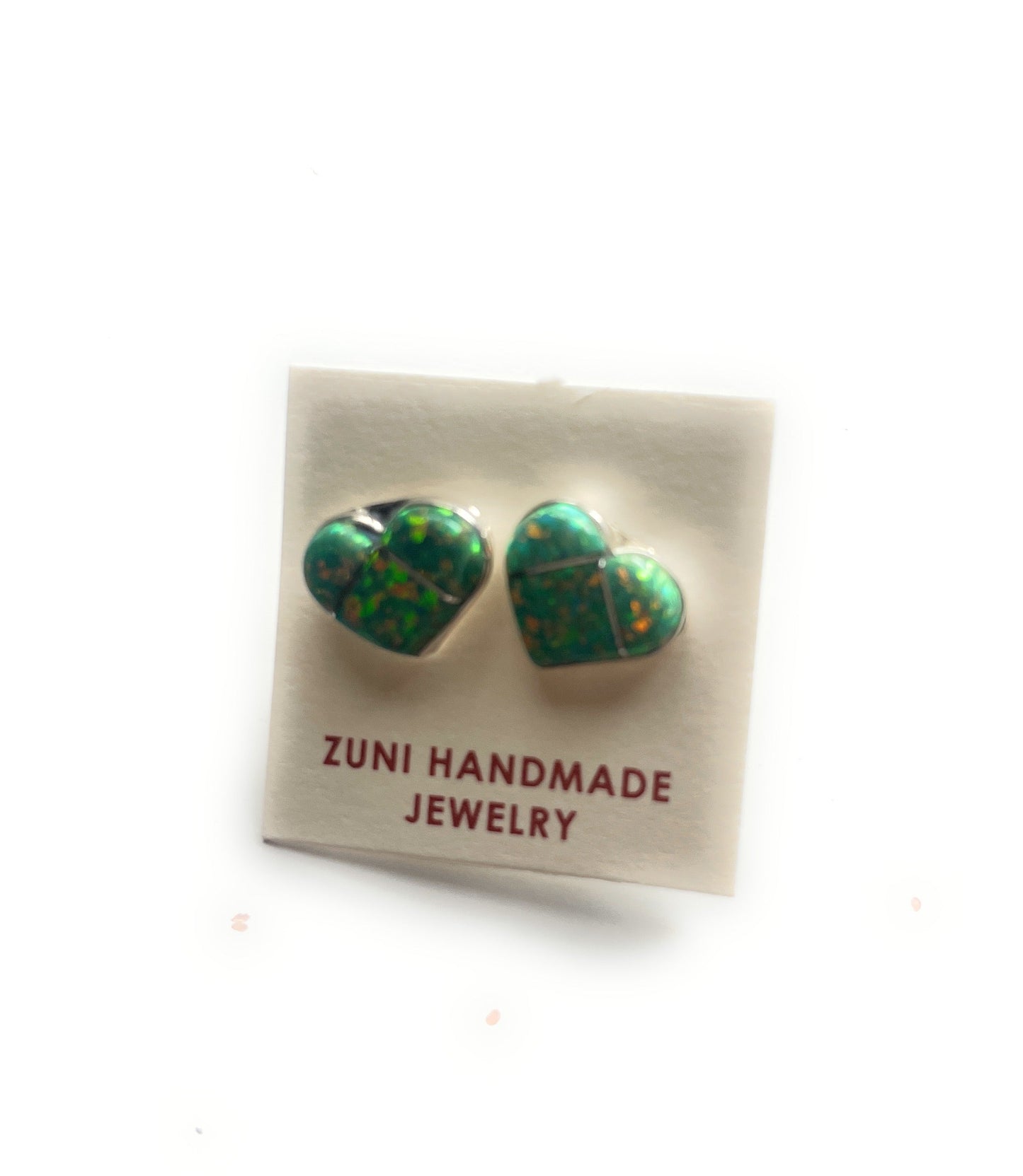 Handcrafted Sterling Silver & Green Opal Inlay Heart Stud Earrings