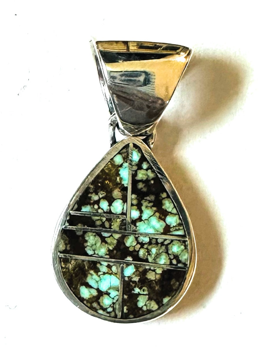 Handcrafted Number 8 Turquoise & Sterling Silver Teardrop Inlay Pendant