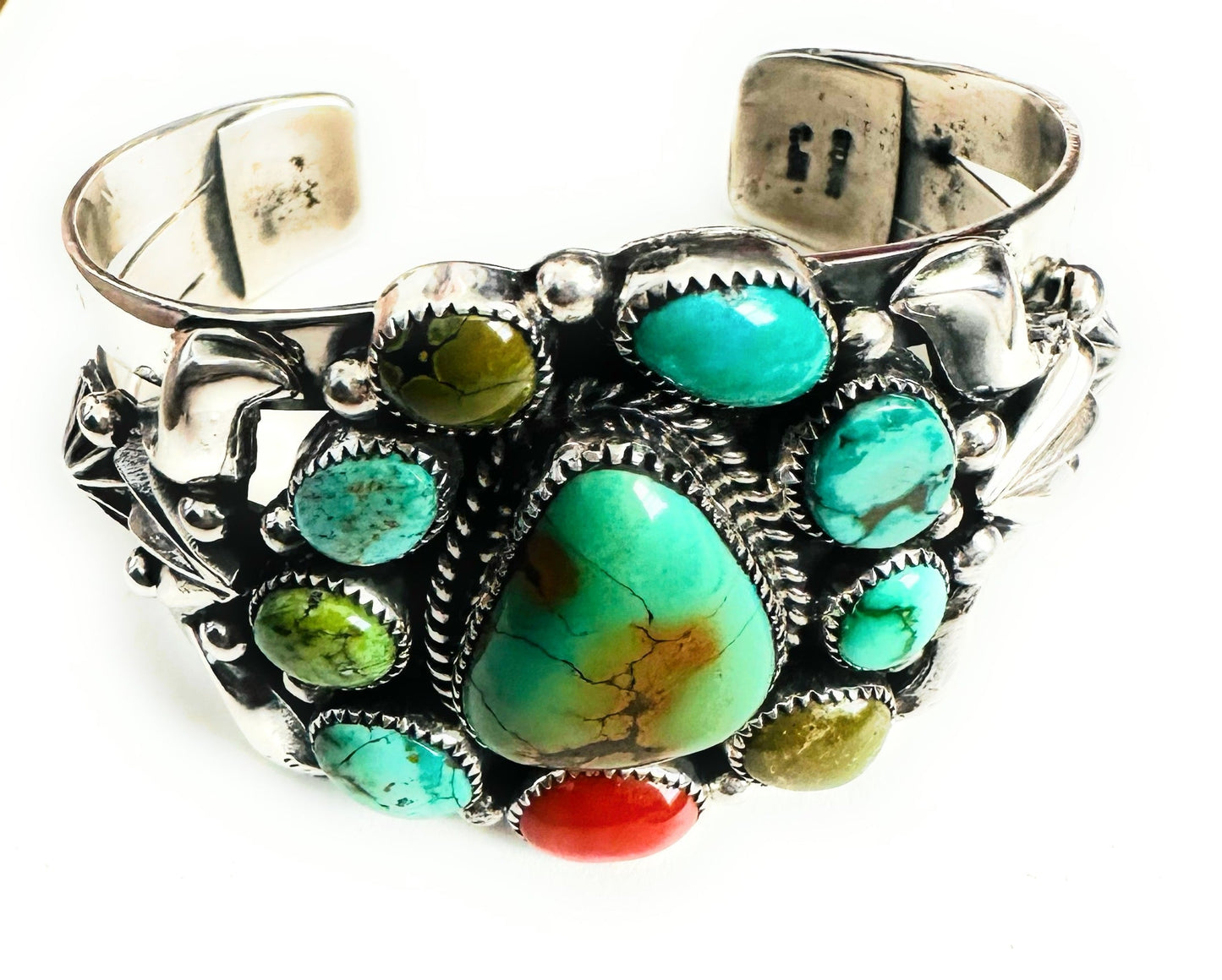 Handcrafted Old Pawn Turquoise, Coral & Sterling Silver Cuff Bracelet /