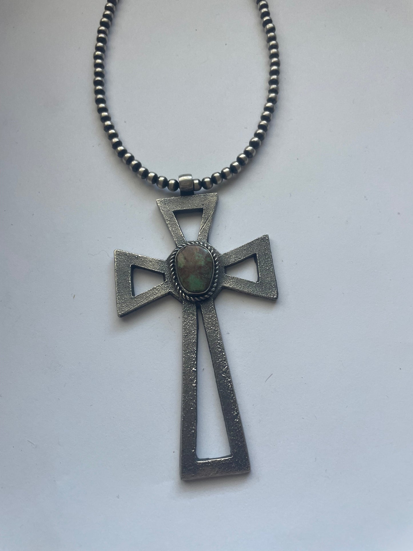 Handcrafted Sterling Silver & Turquoise Cross Pendant Signed Eugene Mitchell