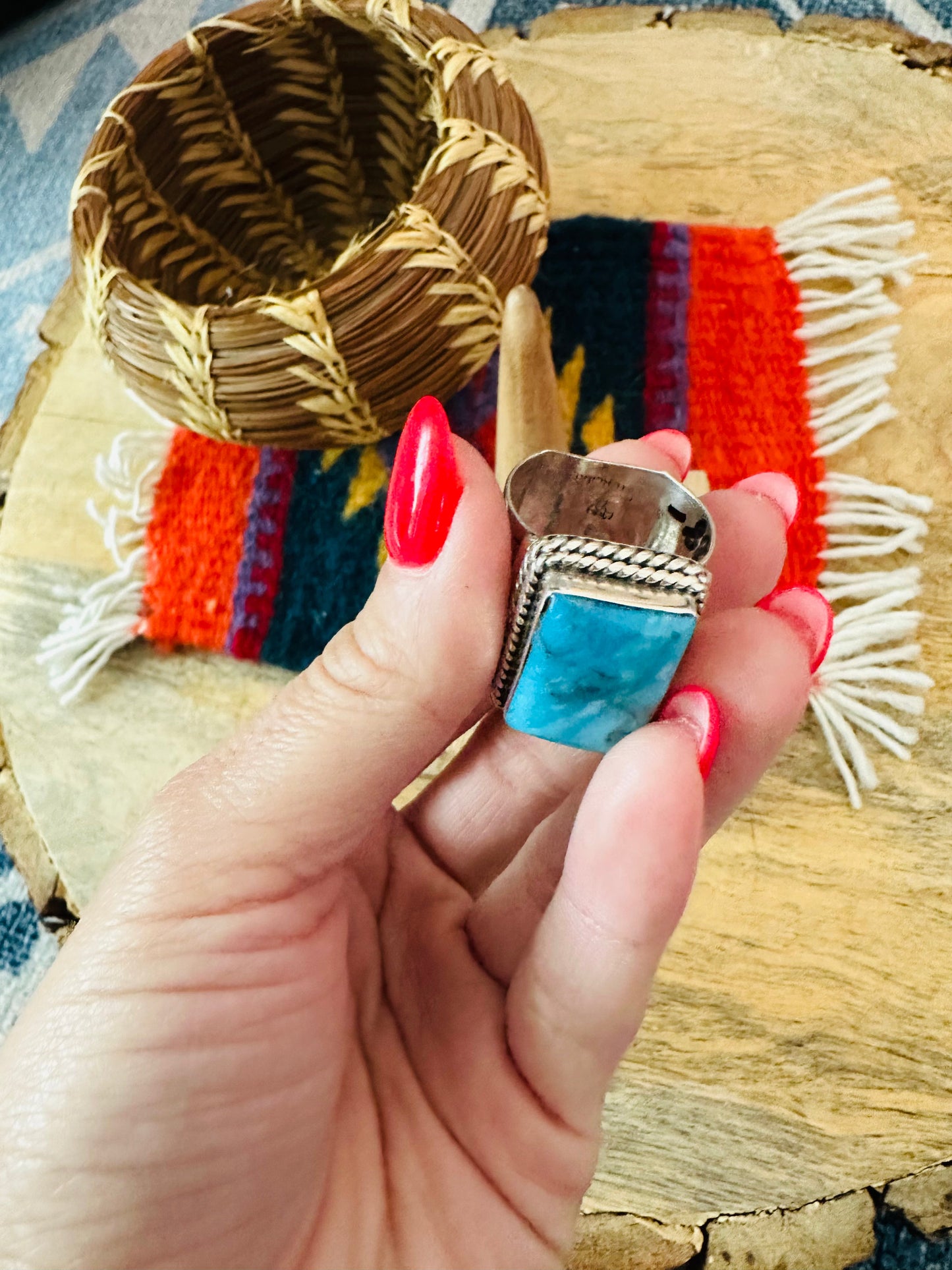 Handcrafted Sterling Silver & Kingman Turquoise Band Ring Signed