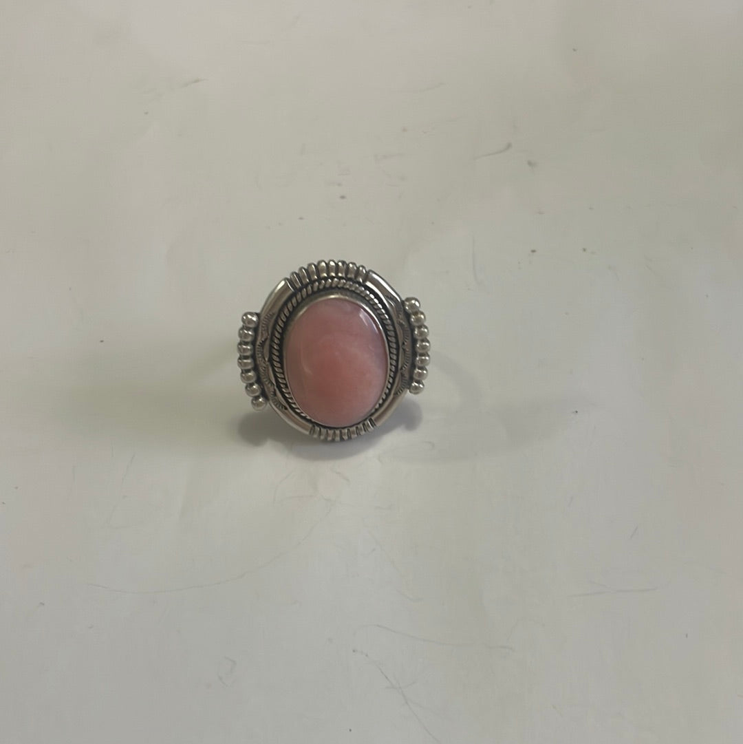 Gorgeous Handcrafted Pink Peruvian Opal And Sterling Silver Adjustable Ring
