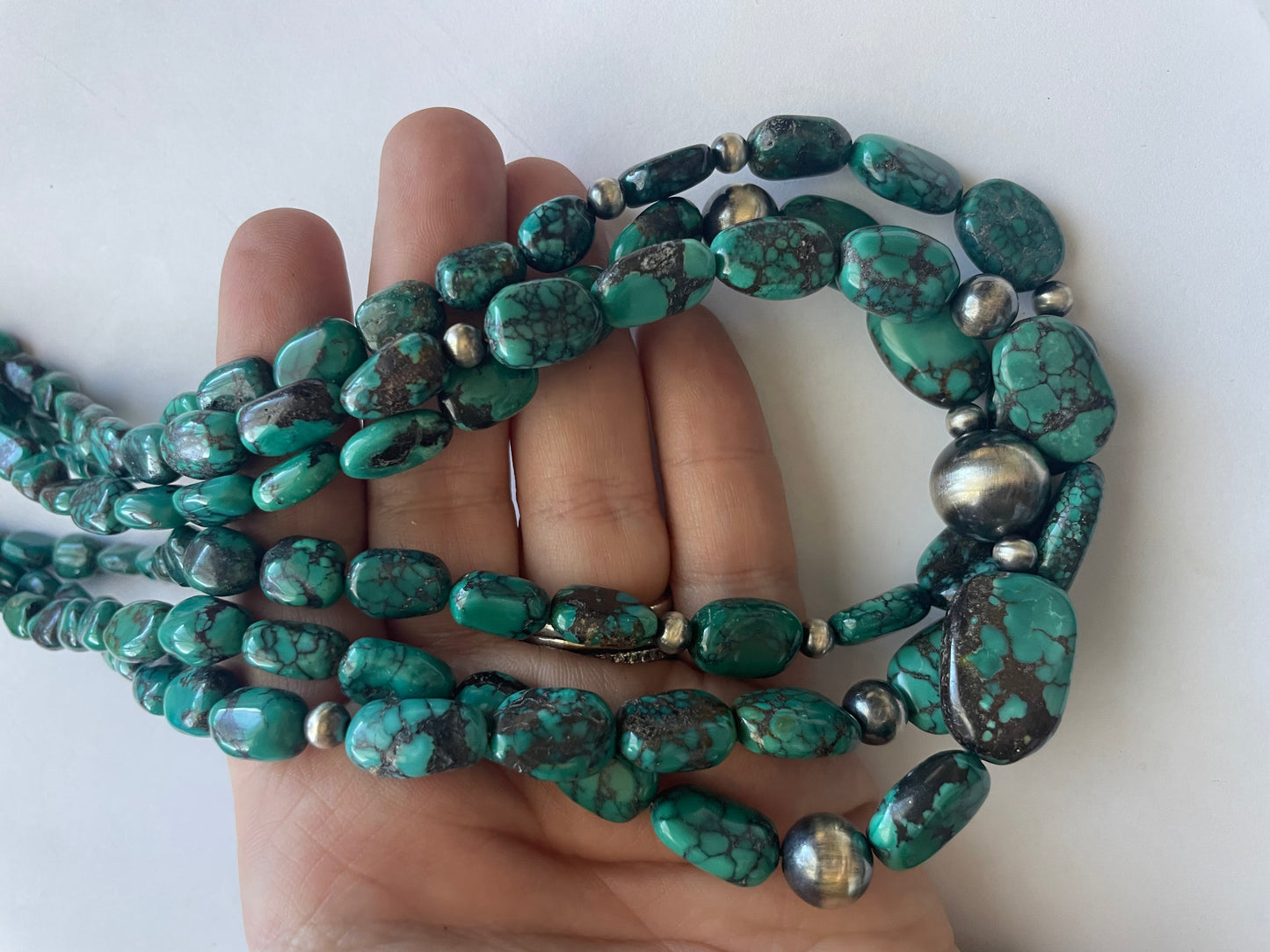 Handcrafted Turquoise & Sterling Silver 3 Strand Beaded Necklace