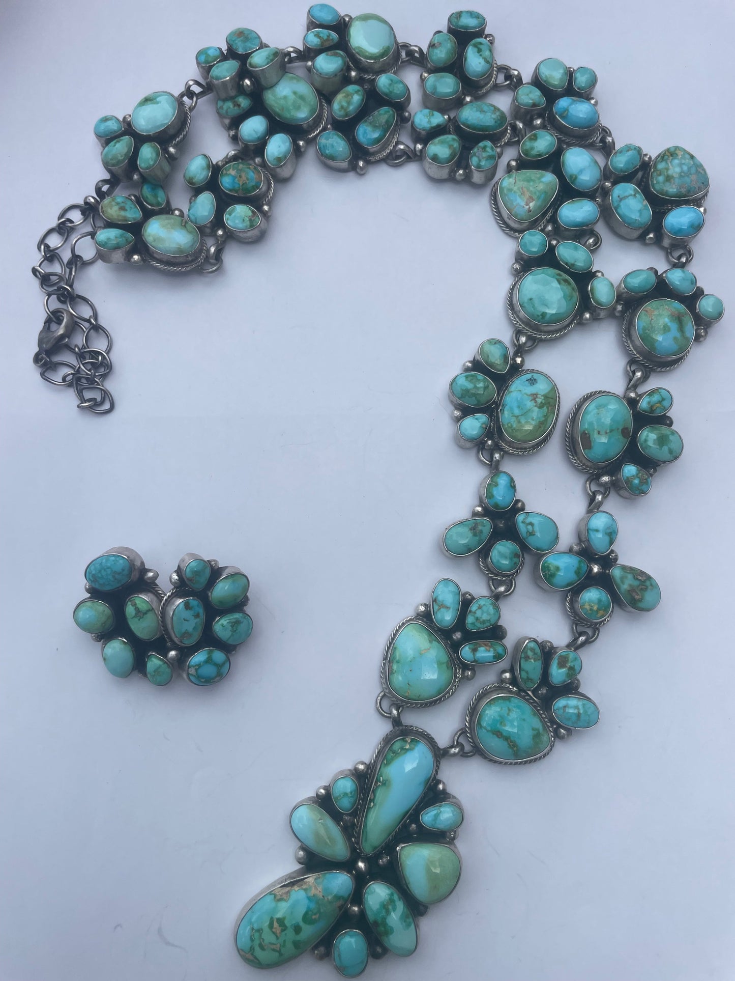 Beautiful Handcrafted Sterling Silver Sonoran Mountain Turquoise Necklace & Earring Set Signed Travis J