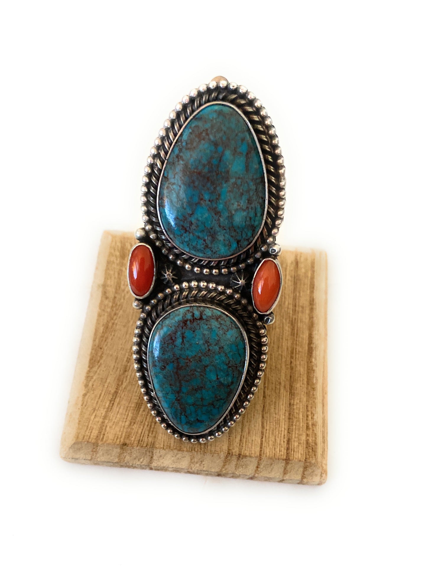 Handcrafted Kingman Turquoise, Coral & Sterling Silver Adjustable Ring