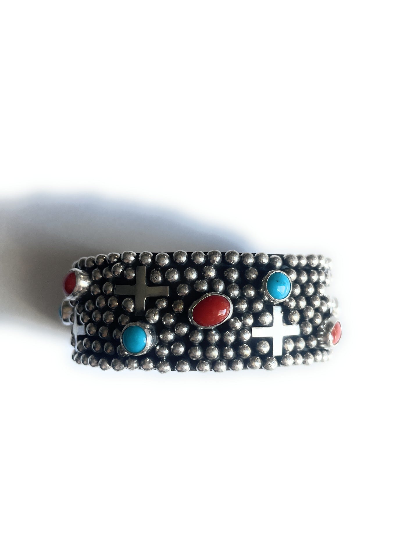 Sterling Silver, Turquoise, & Coral Cross Cuff Bracelet By Ronnie Willie /