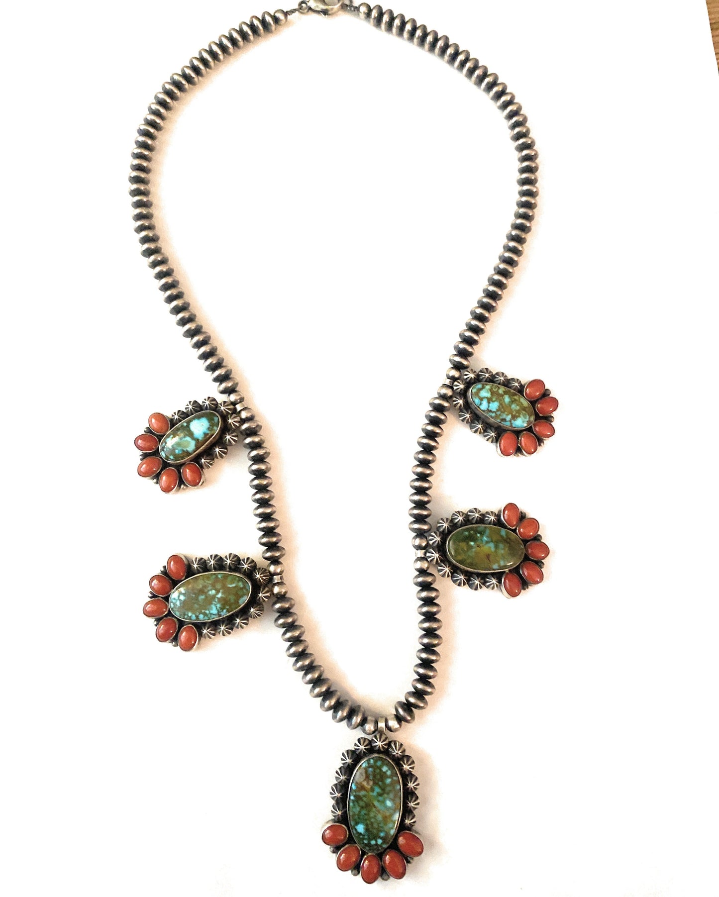 Handcrafted Sterling Kingman Turquoise & Natural Red Coral Necklace Taos Collection