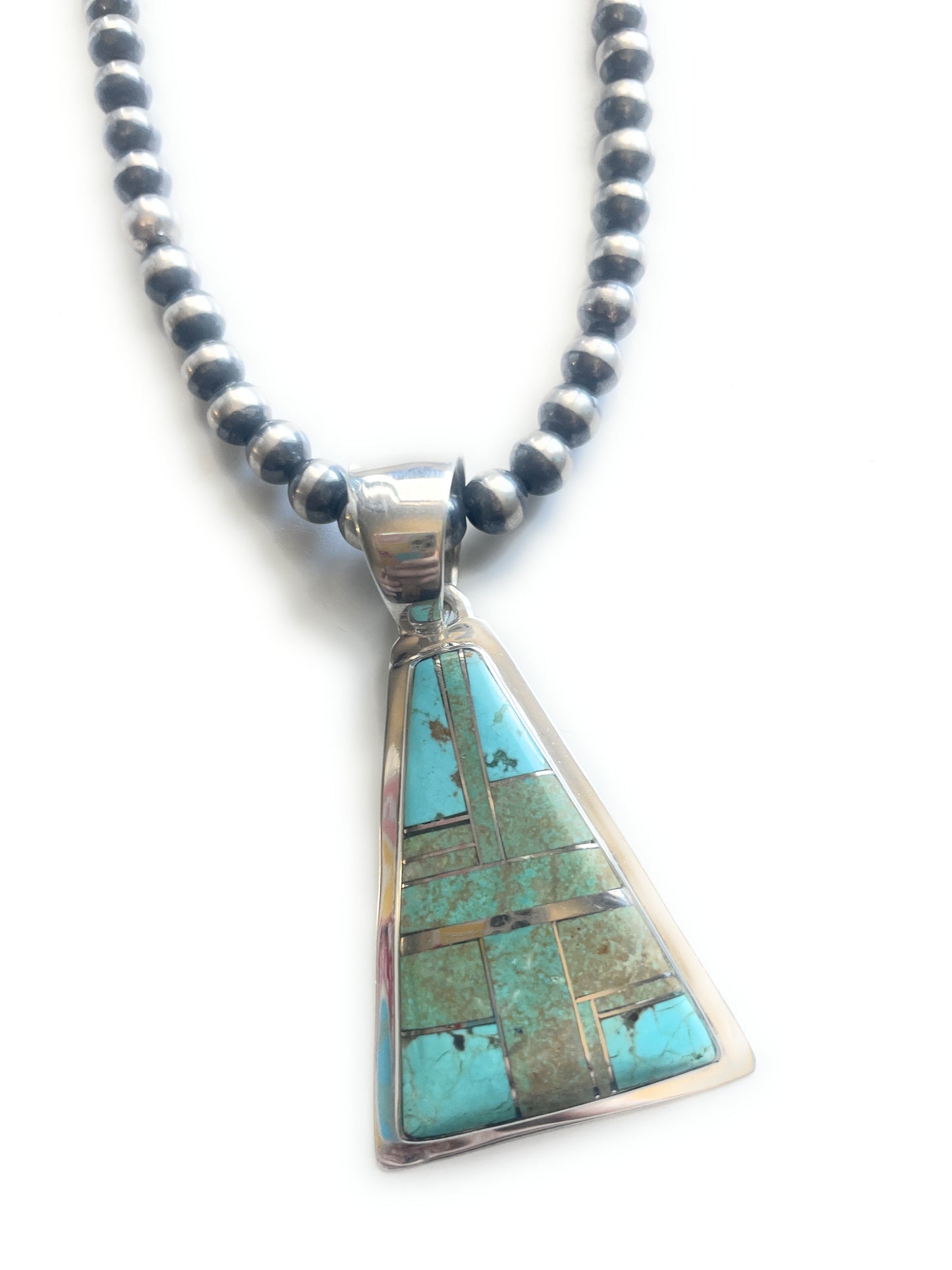 Handcrafted Number 8 Turquoise Inlay & Sterling Silver Triangle Pendant