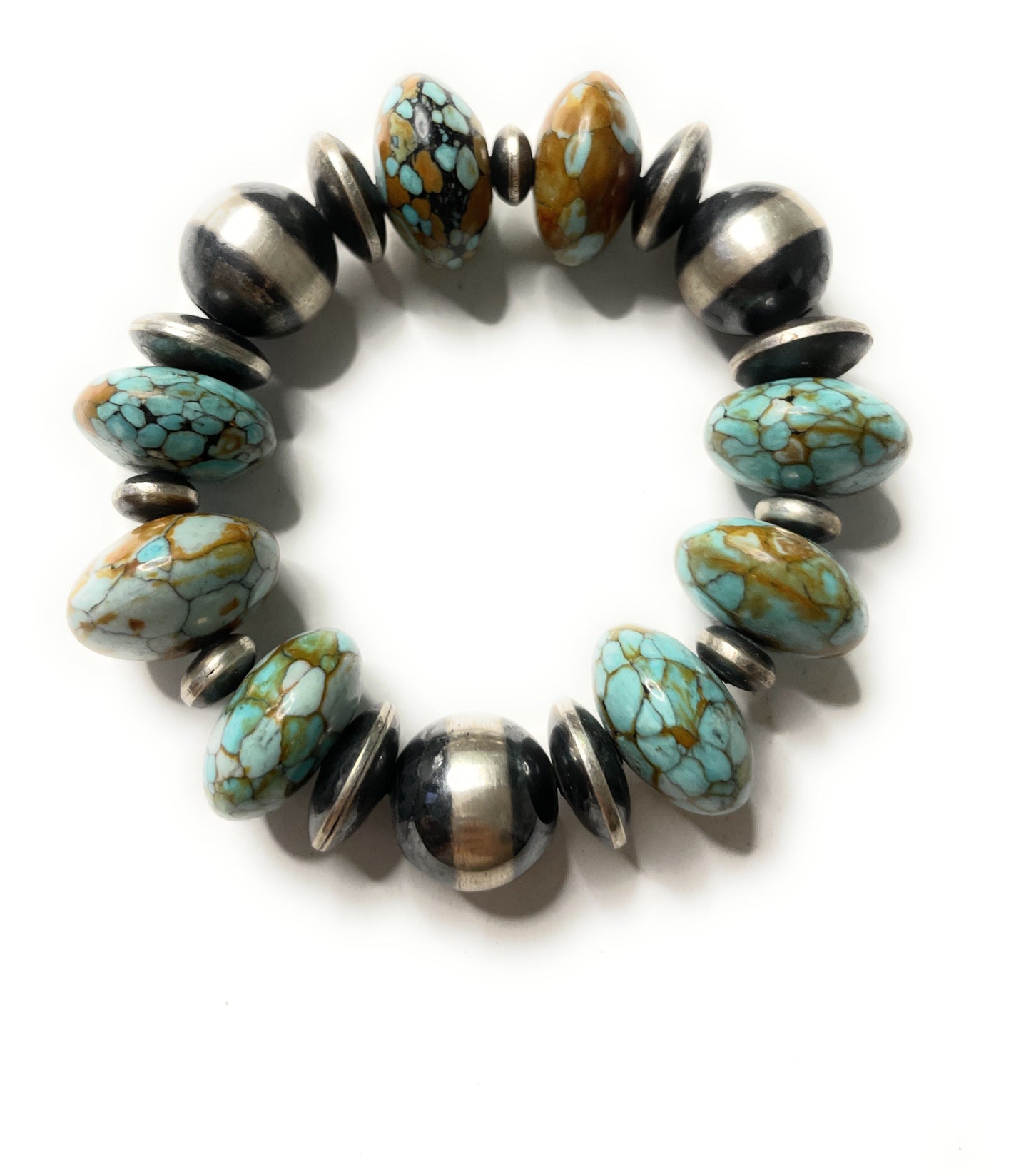 Handcrafted Sterling Silver Stretchy Natural #8 Turquoise Beaded Bracelet 16 mm pearl