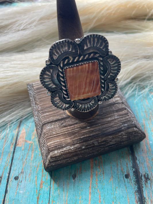 Kevin Billah Handcrafted Sterling & Orange Spiny Flower Ring Adjustable