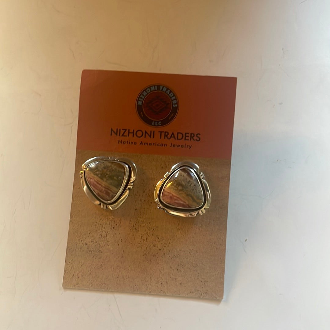 Handcrafted Sterling Silver & Rhodochrosite Stone Post Earrings Signed