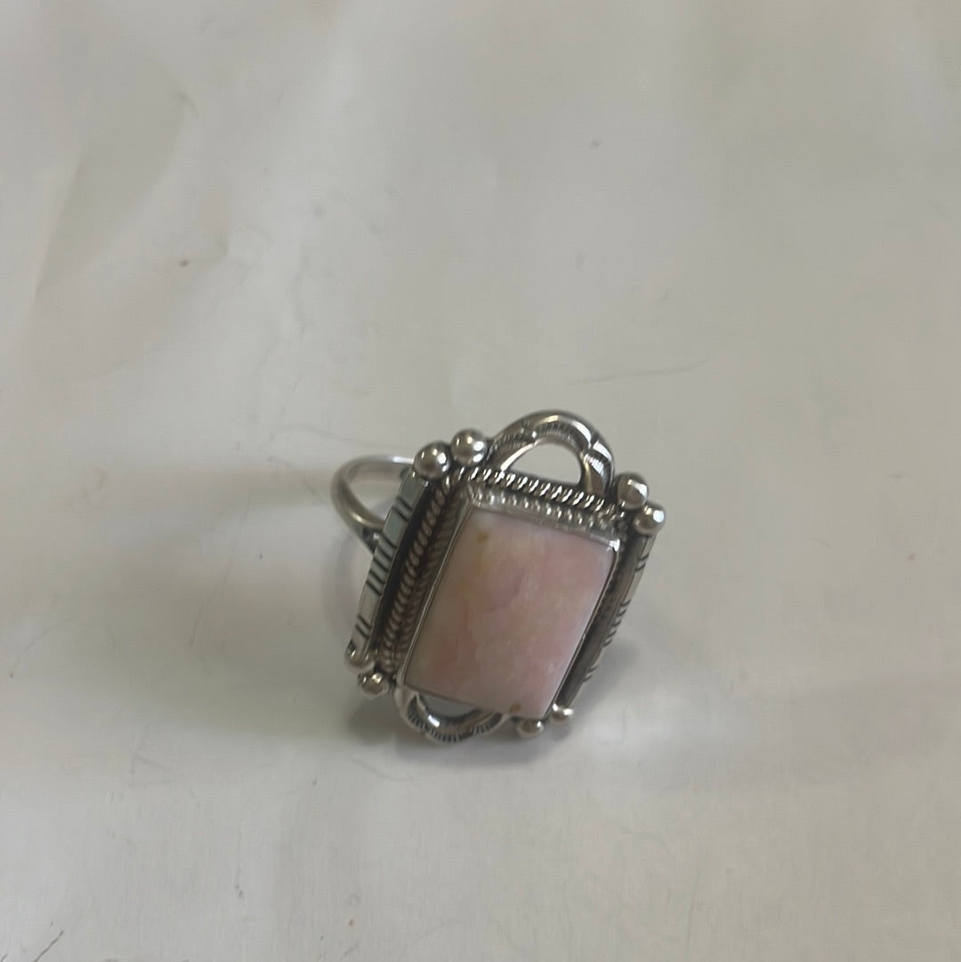 Gorgeous Handcrafted Pink Peruvian Opal And Sterling Silver Adjustable Ring